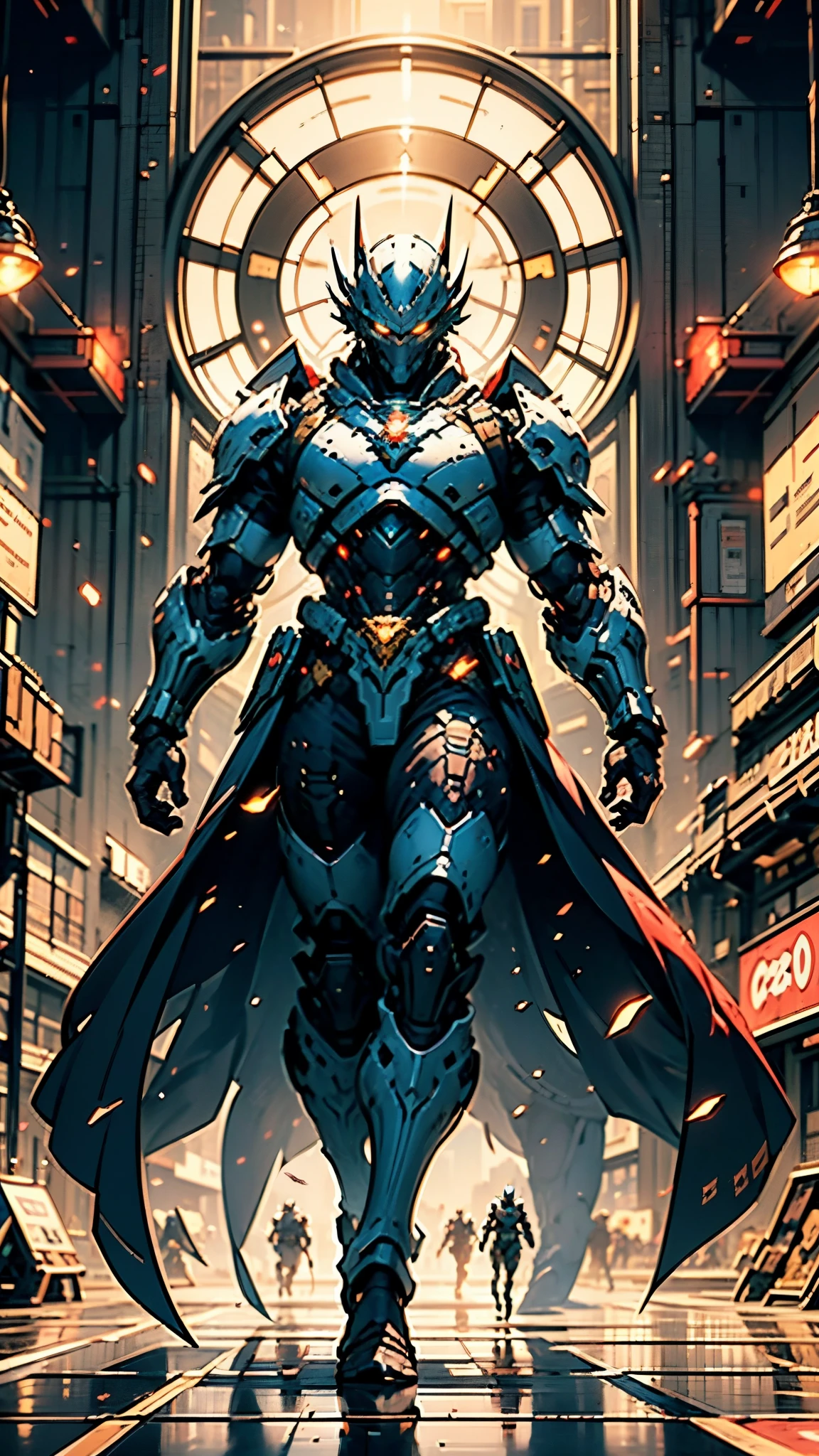A man wearing a full-face helmet, a fantasy-style biomecha armored combat suit, green eyes, a composite layered chest armor, fully enclosed shoulder guards, matching arm and leg guards, the belt is adorned with dragon claw grasping orbs, primarily black with red accents, the design balances heavy with agility, a high-tech biological armor, concept inspired by dragons,stand on the top of a skyscraper in a futuristic sci-fi city, this character embodies a finely crafted fantasy-surreal style armored hero in anime style, exquisite and mature manga art style, ((male:1.5, element, plasma, energy)), metallic, real texture material, dramatic, high definition, best quality, highres, ultra-detailed, ultra-fine painting, extremely delicate, professional, perfect body proportions, golden ratio, anatomically correct, symmetrical face, extremely detailed eyes and face, high quality eyes, creativity, RAW photo, UHD, 32k, Natural light, cinematic lighting, masterpiece-anatomy-perfect, masterpiece:1.5