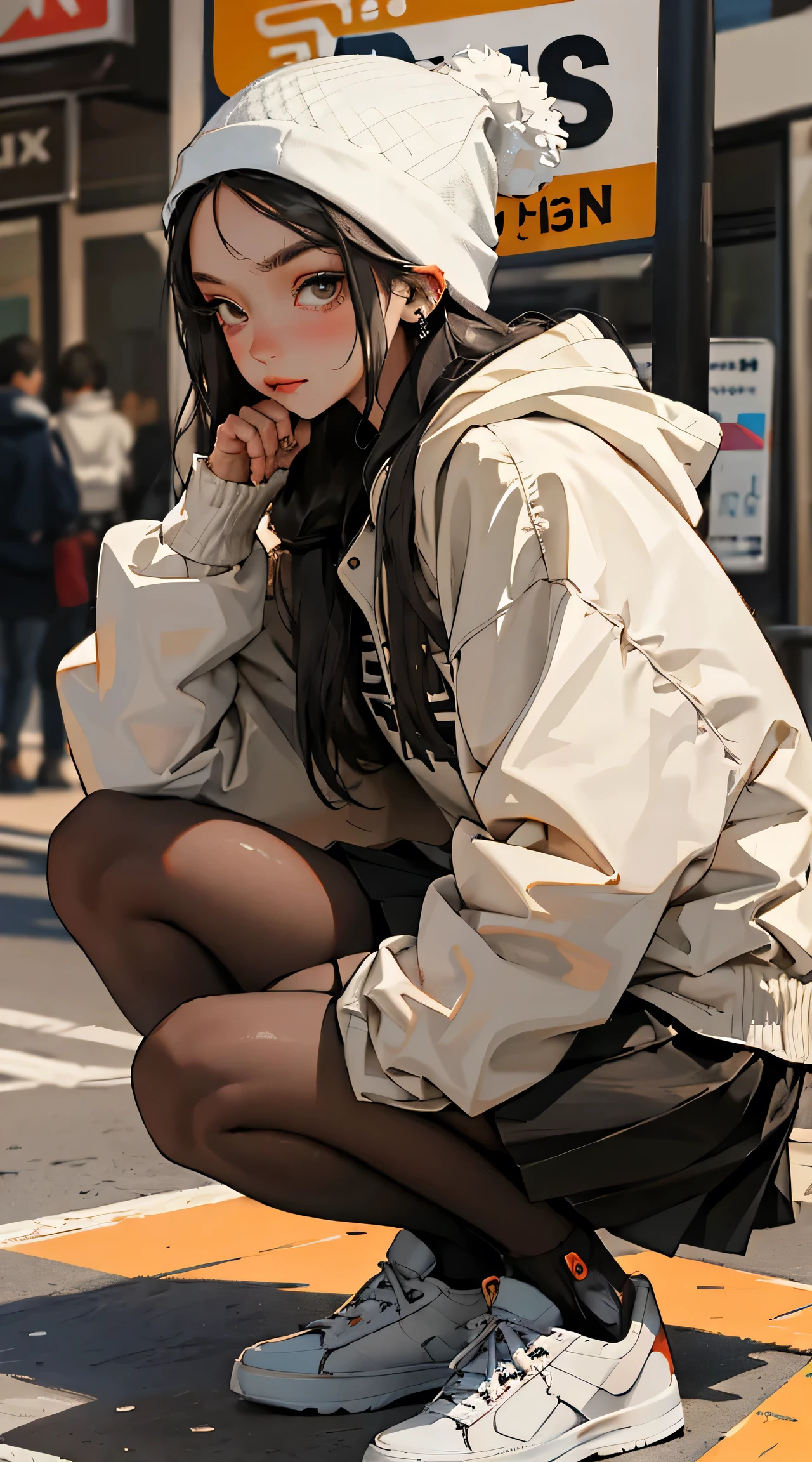 (best quality, masterpiece), 1girl, hoodie, long hair, street, crouching, looking at viewer, beanie, skirt, makeup, piercing, pantyhose,