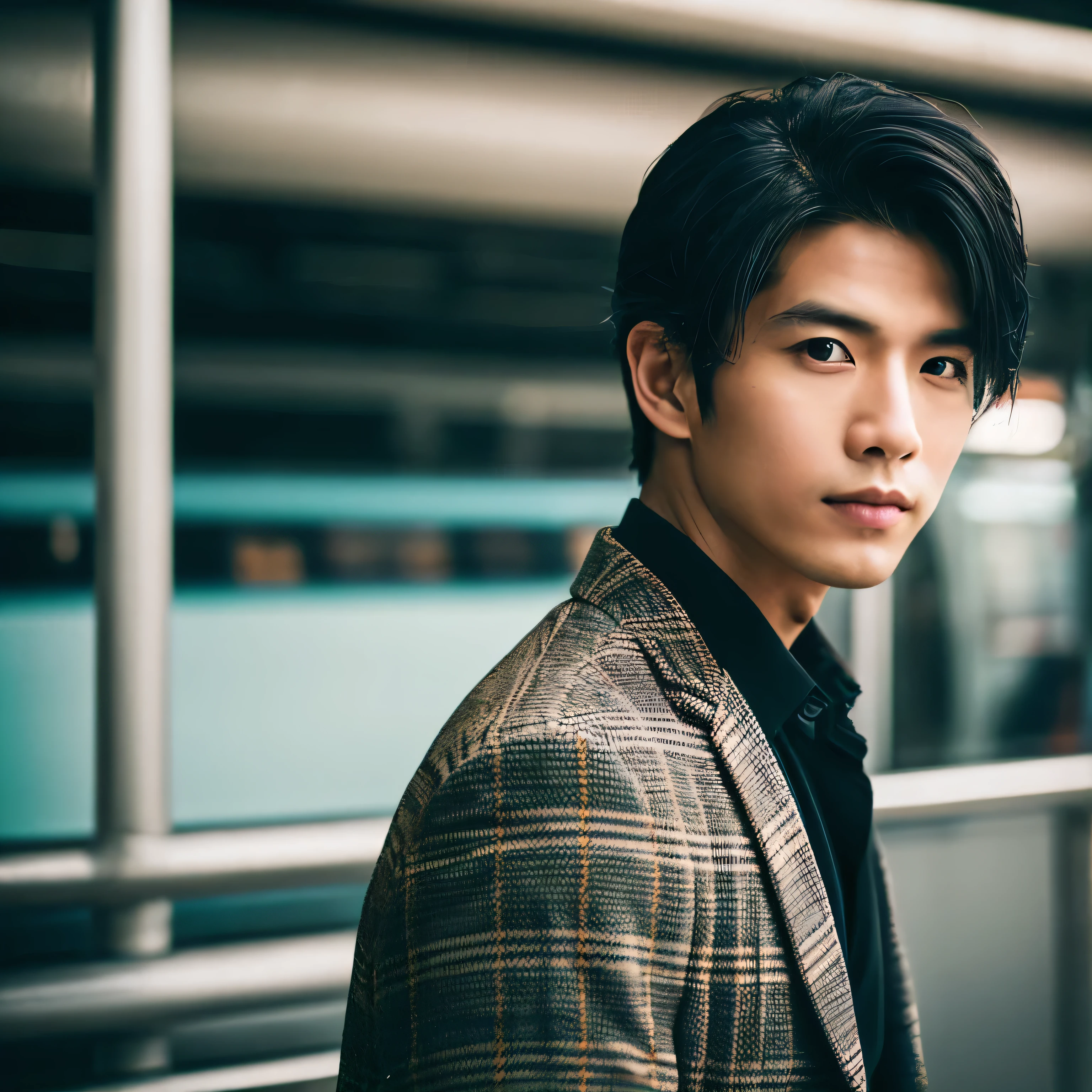 Thai handsome 30-year-old movie photos.o Fashion Model Bokeh Train, Medium black hair