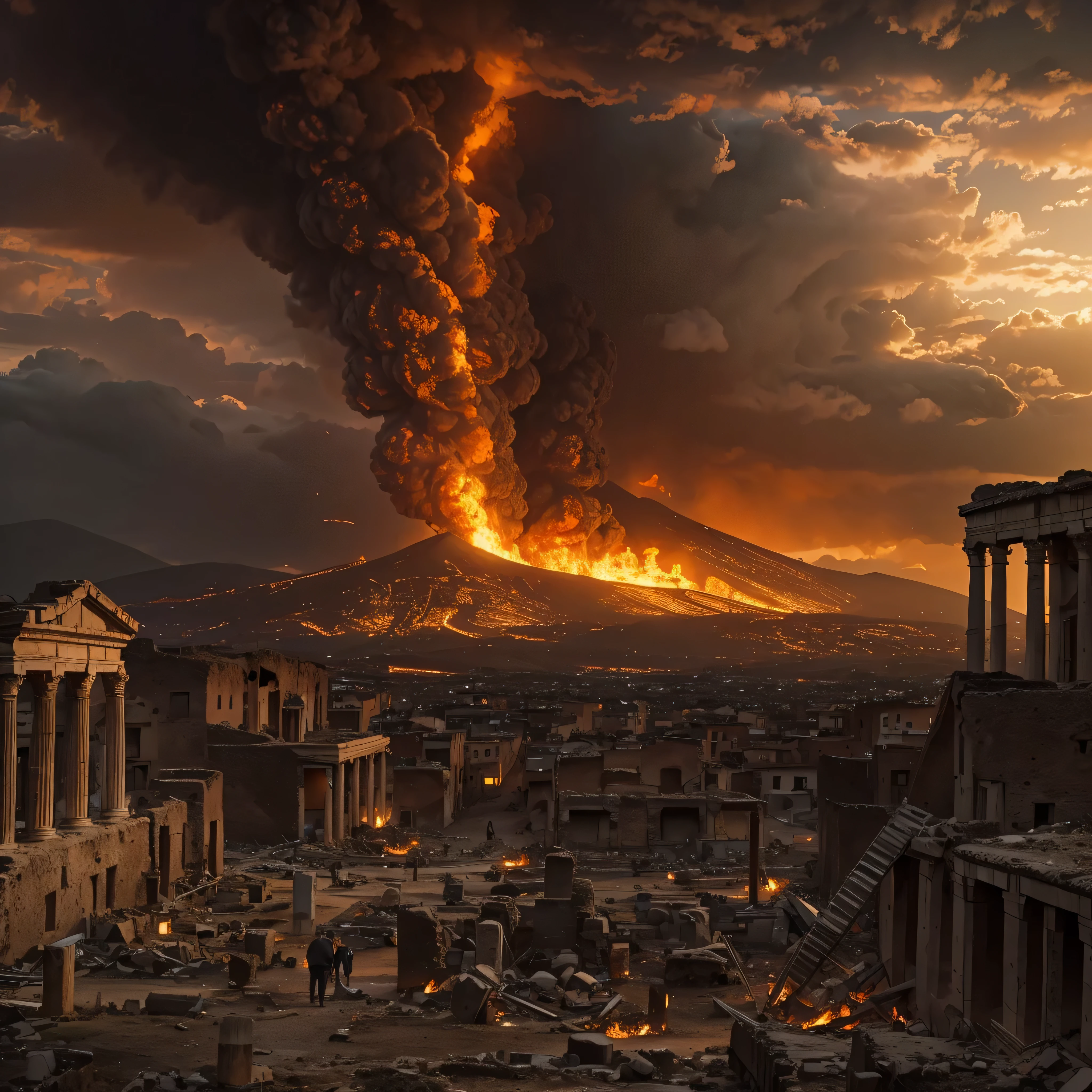 Masterpeice, in the chilling dawn of 79 AD, the skies above Pompeii are painted with a terrifying canvas as Mount Vesuvius erupts, unleashing destruction. Massive, fiery pyroclastic flows surge down the slopes, engulfing the city in a catastrophic embrace. The Tyrrhenian Sea reflects the fiery glow, mirroring the apocalypse unfolding on land. The scene captures a dramatic and historic event, surrounded by an atmosphere of an imminent end of days, where nature's fury reclaims all in its path, 16K, ultra high res.photorealistic, UHD, RAW, DSLR, wide angle
