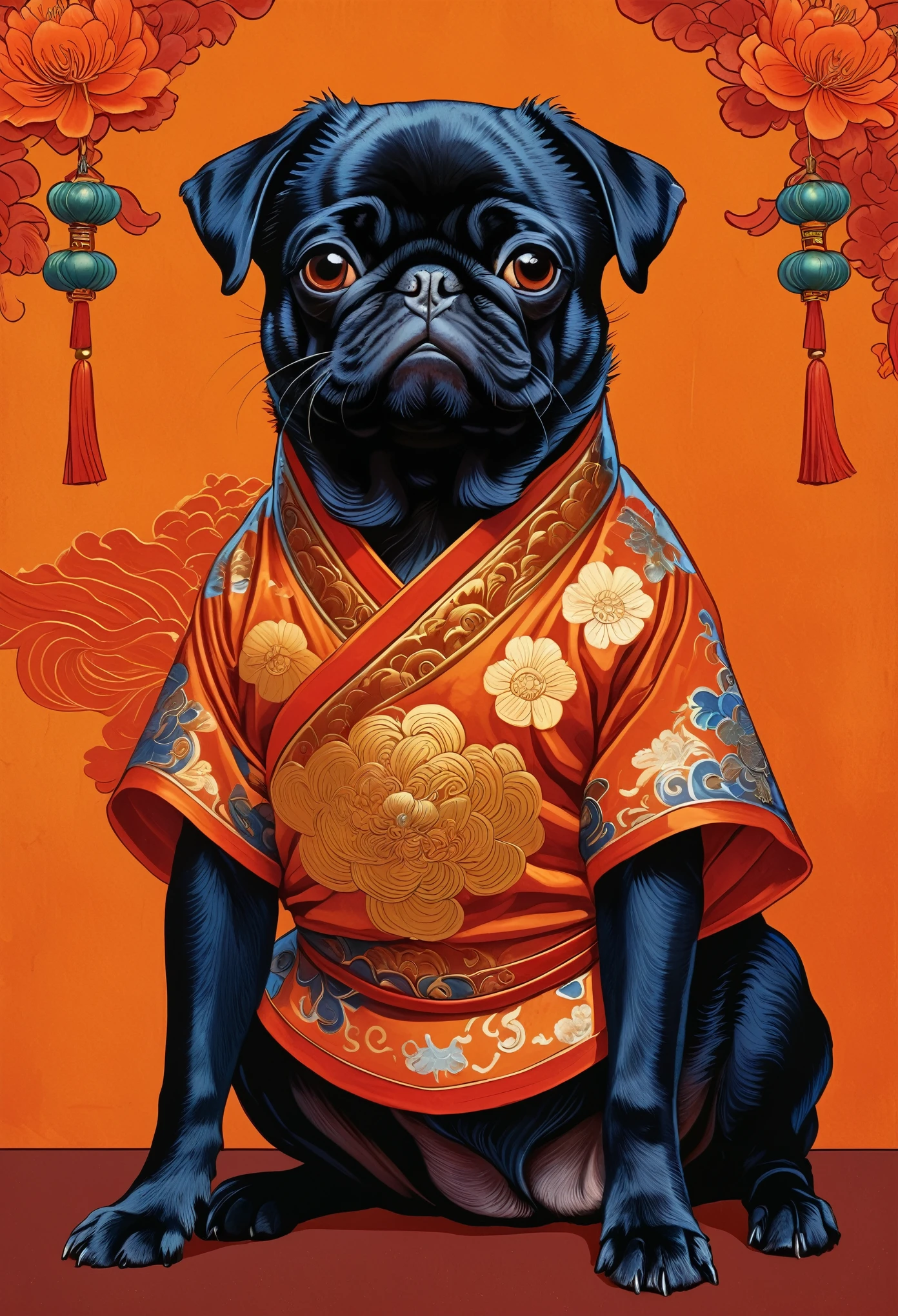 A black pug dog wearing an ancient costume, portrayed in the style of James Jean animation poster, a Chinese New Year celebration painting, with a dark orange background color, featuring traditional costumes, Chinese punk style, with high resolution and rich details, with a symmetrical composition and Chinese aesthetics, with symmetrical eyes.