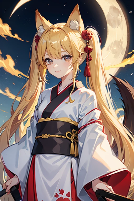 absurdres, absolutely resolution, incredibly absurdres, highres, ultra detailed, official art, unity 8k wallpaper,
BREAK
1 girl, soro, twintails, long hair, blonde hair, fox ears, japanese clothes, kimono, floral print, fox 9 tails,
BREAK
holding fan, straight-on, evil smile,
BREAK
torii, inari, fog, night sky, (moon:1.2),