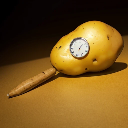 ((The potato) looks like a clock), abstract, distorted reality, Illusion, yellow-brown tone, illustration