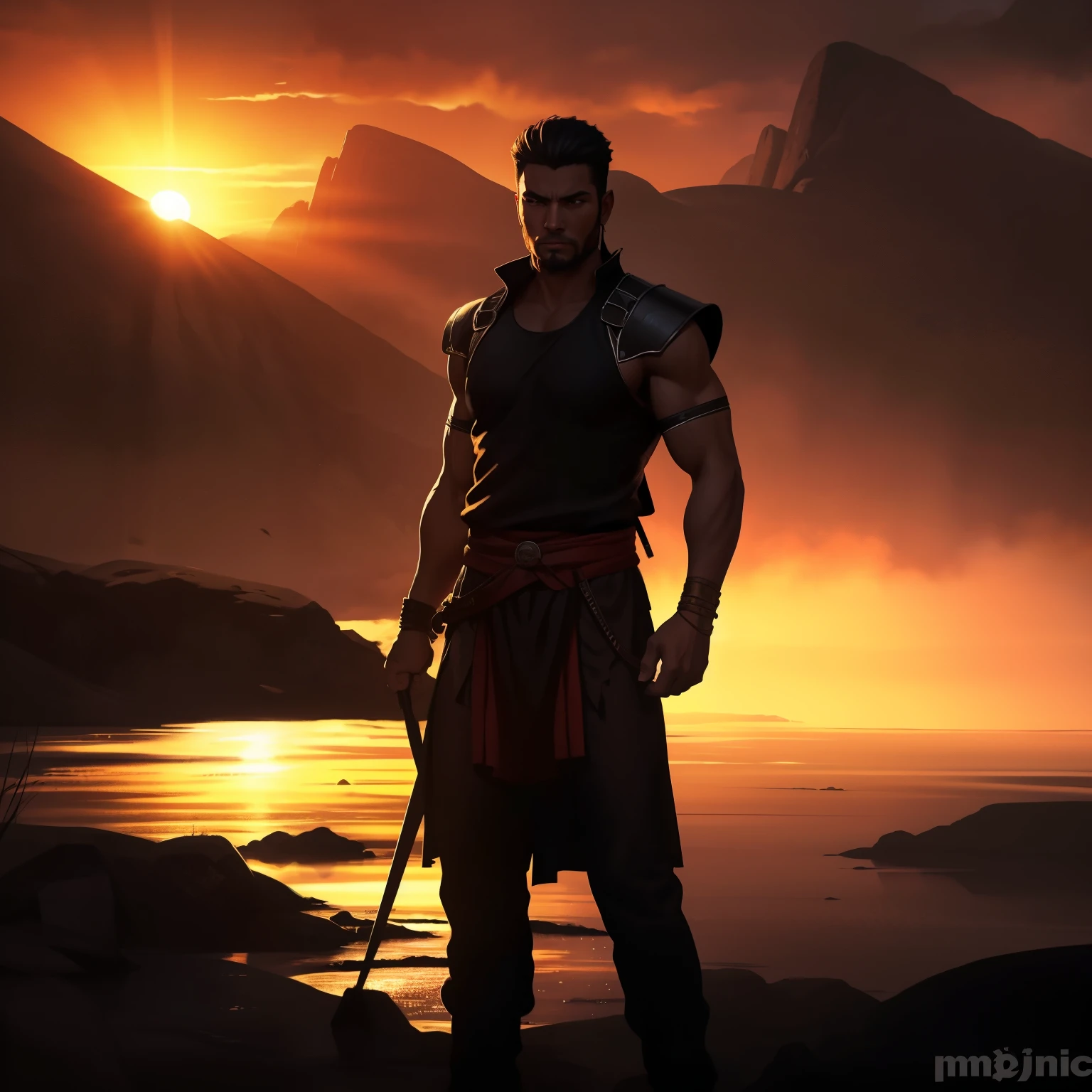 Painting of a warrior man in a black t-shirt and tactical vest, gazing intently at the horizon where a large, intense red sun slowly descends over a river. The scene exudes an aura of tranquility and contemplation, with the man's strong silhouette contrasting against the backdrop of the setting sun. This masterpiece, rendered in exquisite detail and striking realism, boasts a textured 8K resolution and employing the soft cinematic light effect for an HDR, sharp focus finish. This premium painting is a beautiful representation of nature's majesty and the power of one man's quiet introspection. (painting:1.1