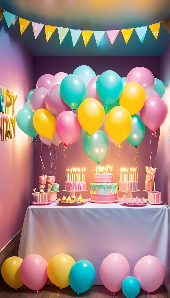Sin personaje principal. birthday party scene, globos, luces, pastel, happy birthday letters, alegria