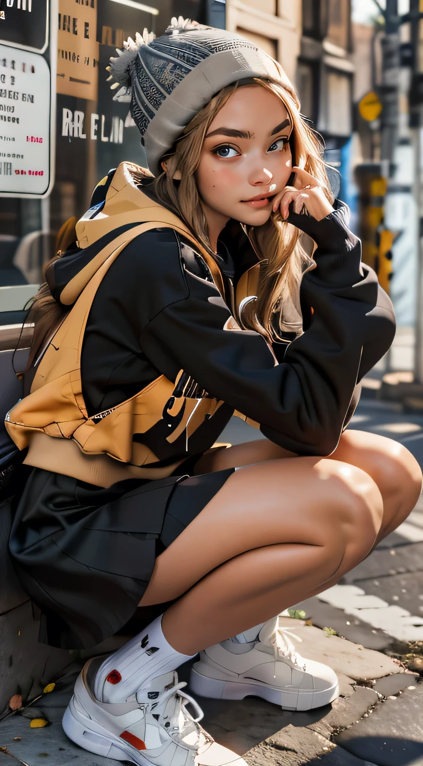 (best quality, masterpiece), 1girl, hoodie, long hair, street, crouching, looking at viewer, beanie, skirt, makeup, piercing, pantyhose,