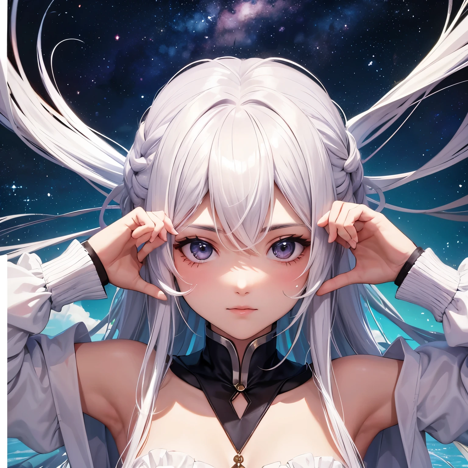 masterpiece, Full-HD, a girl, sleeping, white hair, slender, surrounded by stars, mystical atmosphere, cel anime, upper body, on right, blue hues, rule of thirds, asymmetrical composition