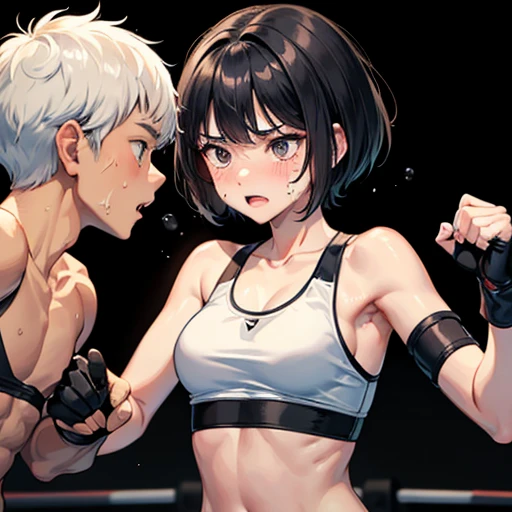 Terribly frightened. Looks like he is about to cry. She lacks self-confidence. Scared. Cute Japanese high school girl with short-cut black hair. Mixed martial arts gym. She is sparring in the ring. Tank top, spats, open finger gloves. Very sweaty, slender body, poor body, Small breasts. poor belly