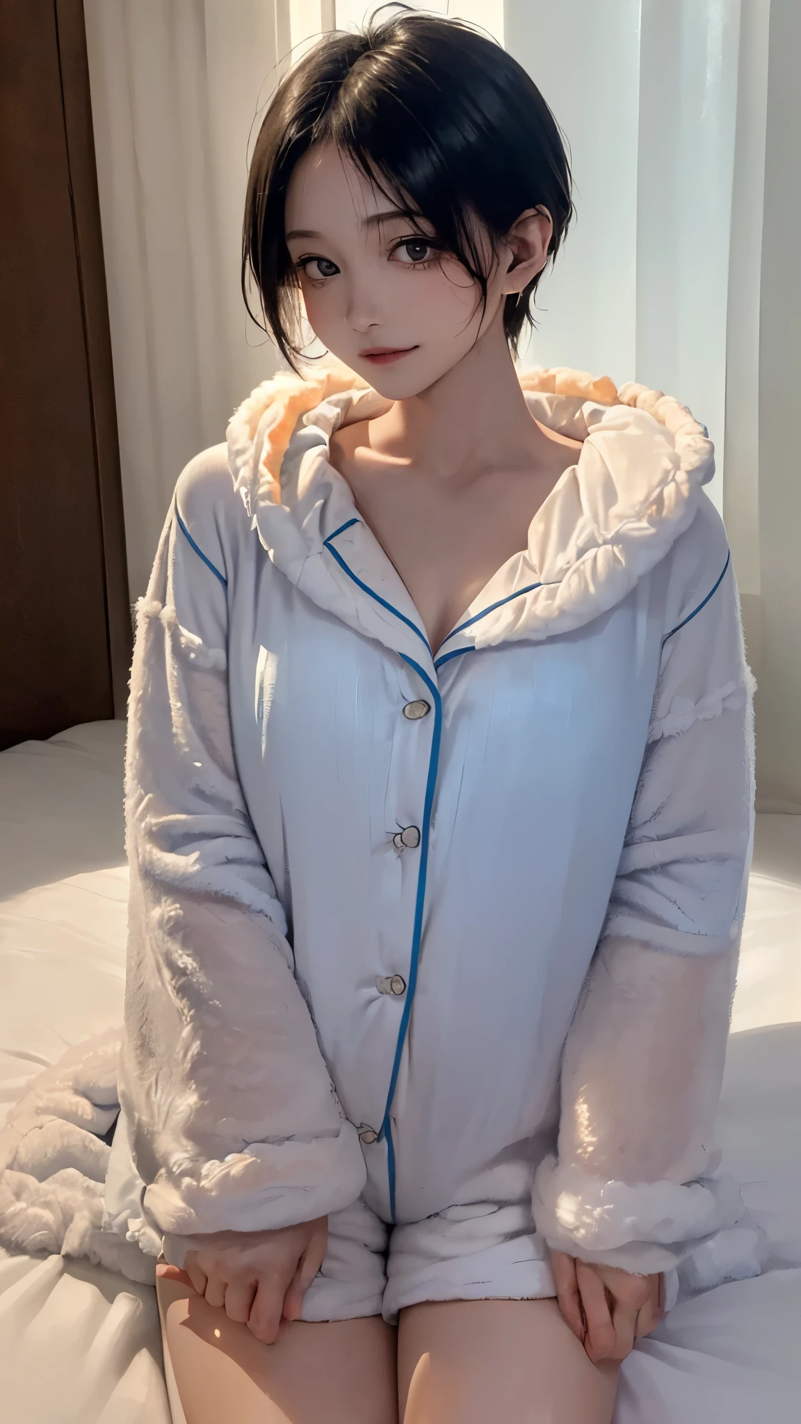 ((masterpiece, highest quality, highest quality, Official Art, beautifully、aesthetic:1.2), Cinema Lighting、(Key light at 45 degrees from the front,Orange Fill Light、Soft Blue Backlight、Strong Shadows、Blue and orange color palette), Accurate human body、Someone knowledgeable、Correct five-finger、4K - ultra-vivid、highest quality, masterpiece, Ultra-high resolution, Detailed Background、The perfect background、
((Oilskin,Glowing Skin、Realistic skin texture、Beautiful skin in every detail、Shiny skin、Slimy skin、Shiny skin、Shiny skin)), White skin, Real human skin, (Familiar), Oval Face, pore, Ultra-high resolution, (8k, RAW Photos, Realistic: 1.4), One Girl, slim, (kind, Goddess-like eyes) happiness: 1.2), (Lip gloss, eyelash, Terrible face, highest quality, Ultra-high resolution, Wide Lighting, Natural Shading), Absolute area、Long beautiful slim legs、Short length、Sexy smile expression:0.8, (dark, Dark Room:0.8),
(((ピンクの白のTwo-tone color with thick horizontal stripes、Blanket material pajamas、Super fluffy fleece pajamas:1.5、超ふわふわなSoft and fluffy fleece pajamaini shorts:1.5、Fluffy lounge pajamas、Fluffy and soft material))),
Earrings,Big cleavage、
(Love Hotel:1.8)