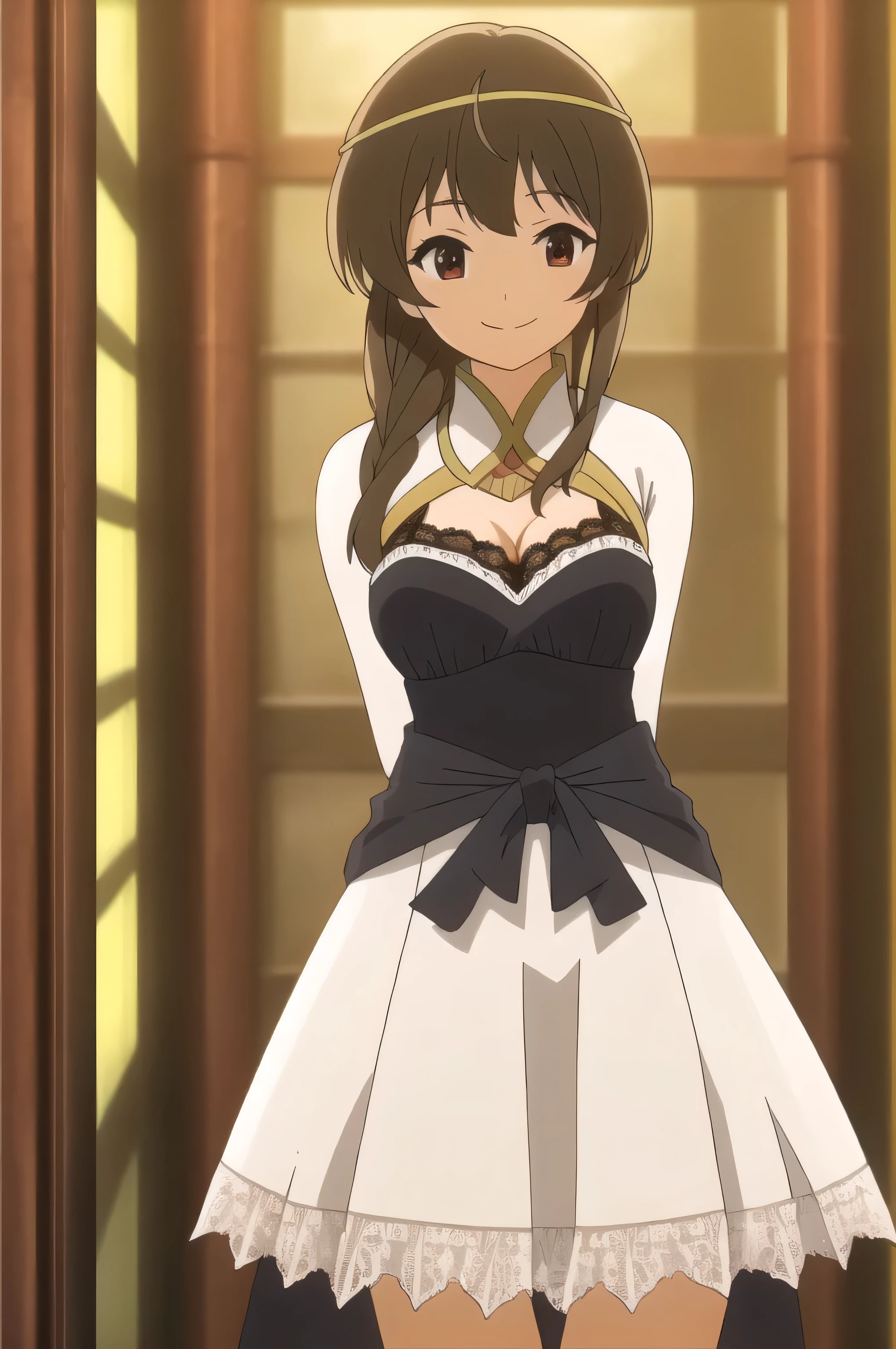 masterpiece、16k high resolution photos、Ultra-detailed、highest quality、Perfect Anatomy、(Photorealistic:1.4)、(Megumin)、1 girl、(Shortcuts、Black-haired)、Red eyes、smile、Looking at the camera、(bra:0.5、White lace)、Beautiful cleavage、Hard chest。Large Breasts:1.5、Beautiful and smooth、Huge Ass:1.6、Wide hips:1,6、(High leg panties:1.4、White lace)、Bedroom Background、Look forward、standing、Various poses、