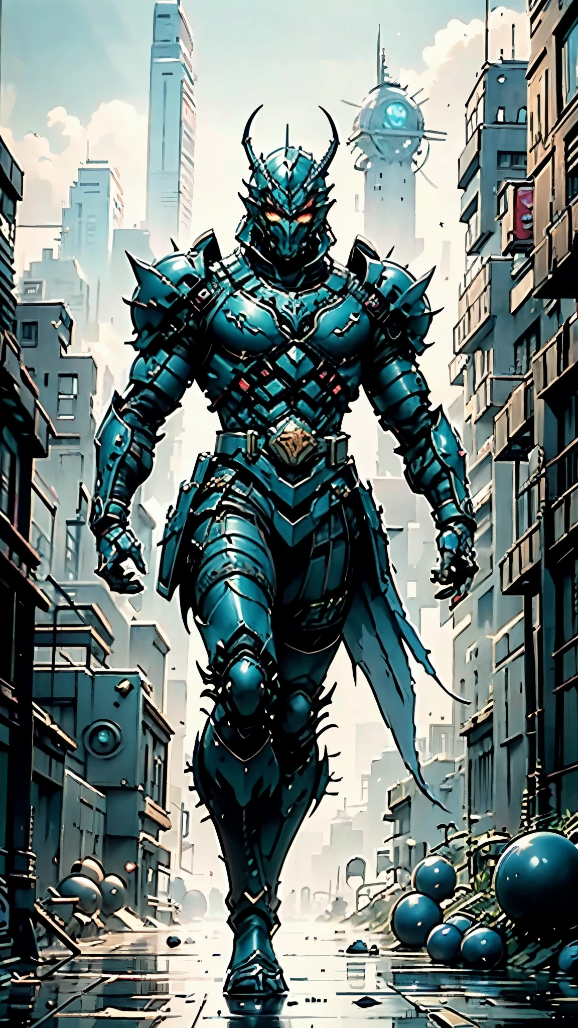 A man wearing a full-face helmet, a fantasy-style biomecha armored combat suit, green eyes, a composite layered chest armor, fully enclosed shoulder guards, matching arm and leg guards, the belt is adorned with dragon claw grasping orbs, primarily black with red accents, the design balances heavy with agility, a high-tech biological armor, concept inspired by dragons,stand on the top of a skyscraper in a futuristic sci-fi city, this character embodies a finely crafted fantasy-surreal style armored hero in anime style, exquisite and mature manga art style, ((male:1.5, element, plasma, energy)), metallic, real texture material, dramatic, high definition, best quality, highres, ultra-detailed, ultra-fine painting, extremely delicate, professional, perfect body proportions, golden ratio, anatomically correct, symmetrical face, extremely detailed eyes and face, high quality eyes, creativity, RAW photo, UHD, 32k, Natural light, cinematic lighting, masterpiece-anatomy-perfect, masterpiece:1.5