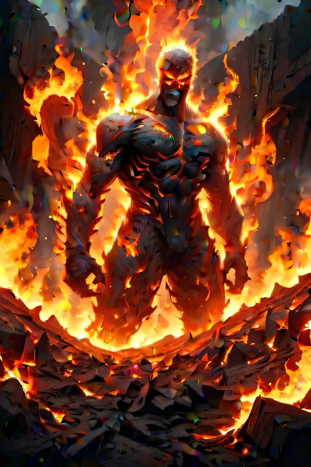 Fire elemental emerging from wasteland lava pit, Berserk Pose, movie shot (masterpiece:1.2), best quality, (Ultra Detailed, The most detailed:1.2), High resolution textures