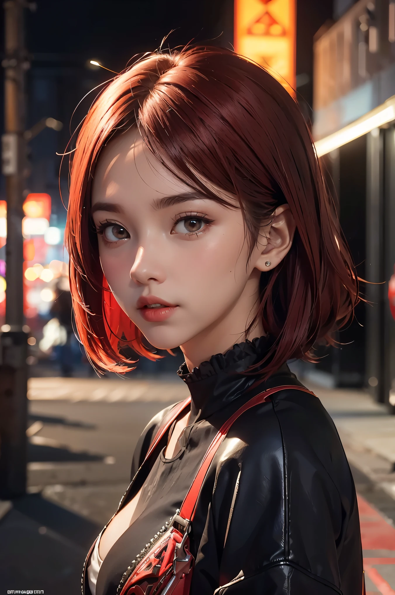 beautiful girl, half body portrait, short bright red disheveled hair, black eyeshadow, (street style wear:1.2), (city background:1.2), dark makeup, digital art, trending on artstation, highly detailed, fine detail, intricate,  beautiful detailed glow, detailed, Cinematic light, highres, detailed facial features,sharp focus, smooth, aesthetic,