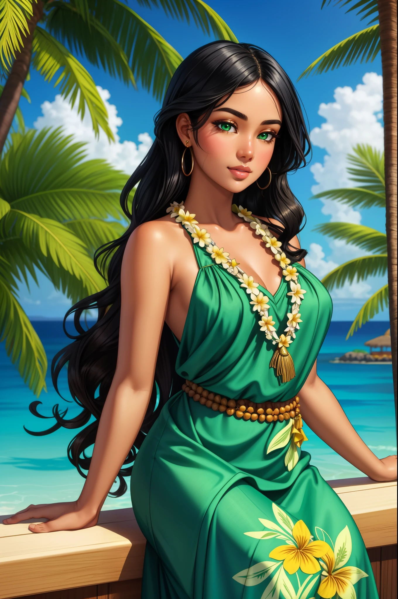 best quality,ultra-detailed,Hawaiian woman with black hair,long black hair,beautiful almond-shaped eyes,rosebud lips,bronze complexion,traditional Hawaiian clothing,leis,exotic flowers in the background,tropical paradise,lush greenery,white sandy beach,crystal clear water,sun-kissed skin,gentle ocean breeze,warm golden sunlight,serene expression,relaxed posture,Jasmine-scented air,emerald green eyes,flowing floral dress,vibrant colors,loose curls cascading down her back,natural beauty,feminine grace,peaceful aura