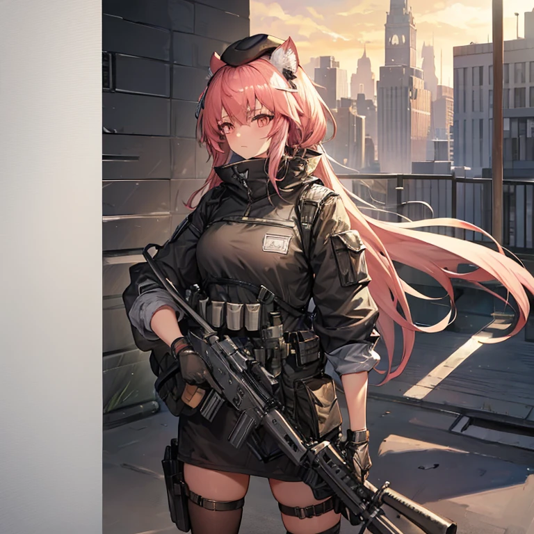 Need a single character image，The style is similar to the character portraits of the mobile game Arknights，Race is the film in the game，From the in-game country Victoria，Occupation is the intelligence unit of the country in the game Gray Hat。Age 18 years，Height 1.5 meters。She is a little loli，The hair is pink，Petite and cute，But there is great power hidden under the uniform，Good appearance，There is a murderous atmosphere，But the walking posture is a bit silly。Wearing combat gloves，The face is covered with a combat mask，But the hair can be seen。The weapon he carries is a very large axe.，This weapon is even taller than her height.，Note that the weapon is placed behind its back。