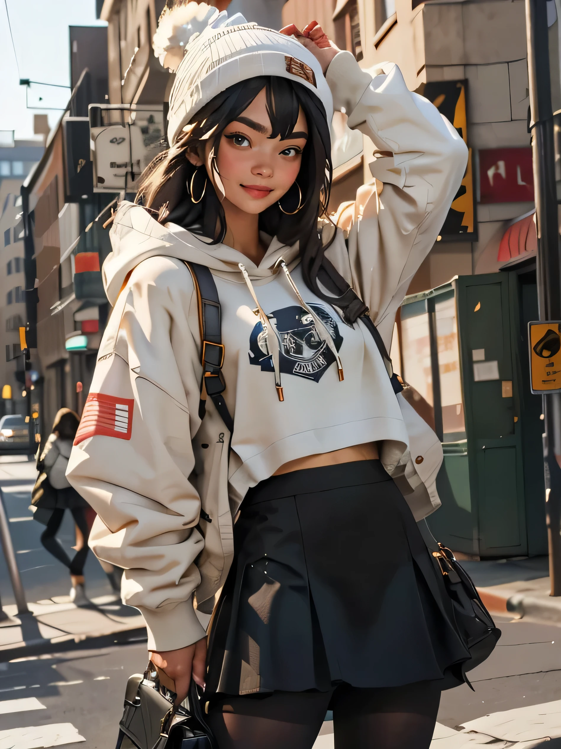 (best quality, masterpiece), 1girl, hoodie, long hair, street, looking at viewer, beanie, skirt, makeup, piercing, pantyhose,