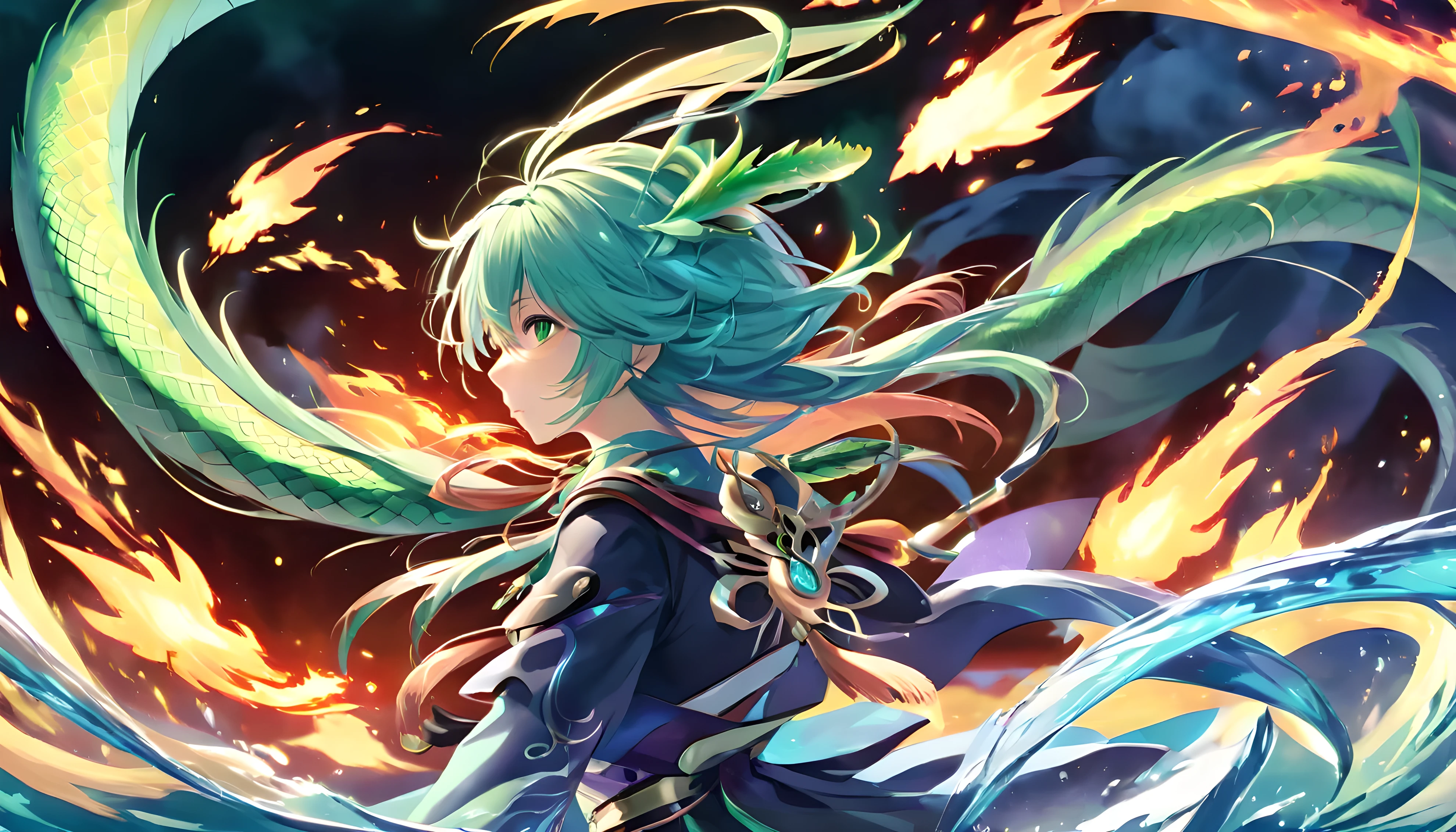 Masterpiece,High Quality,,highly detailed,Kazuha from genshin impact holding a sword embedded in the wind element, eyes with flames of the wind element, water green dragon from behind