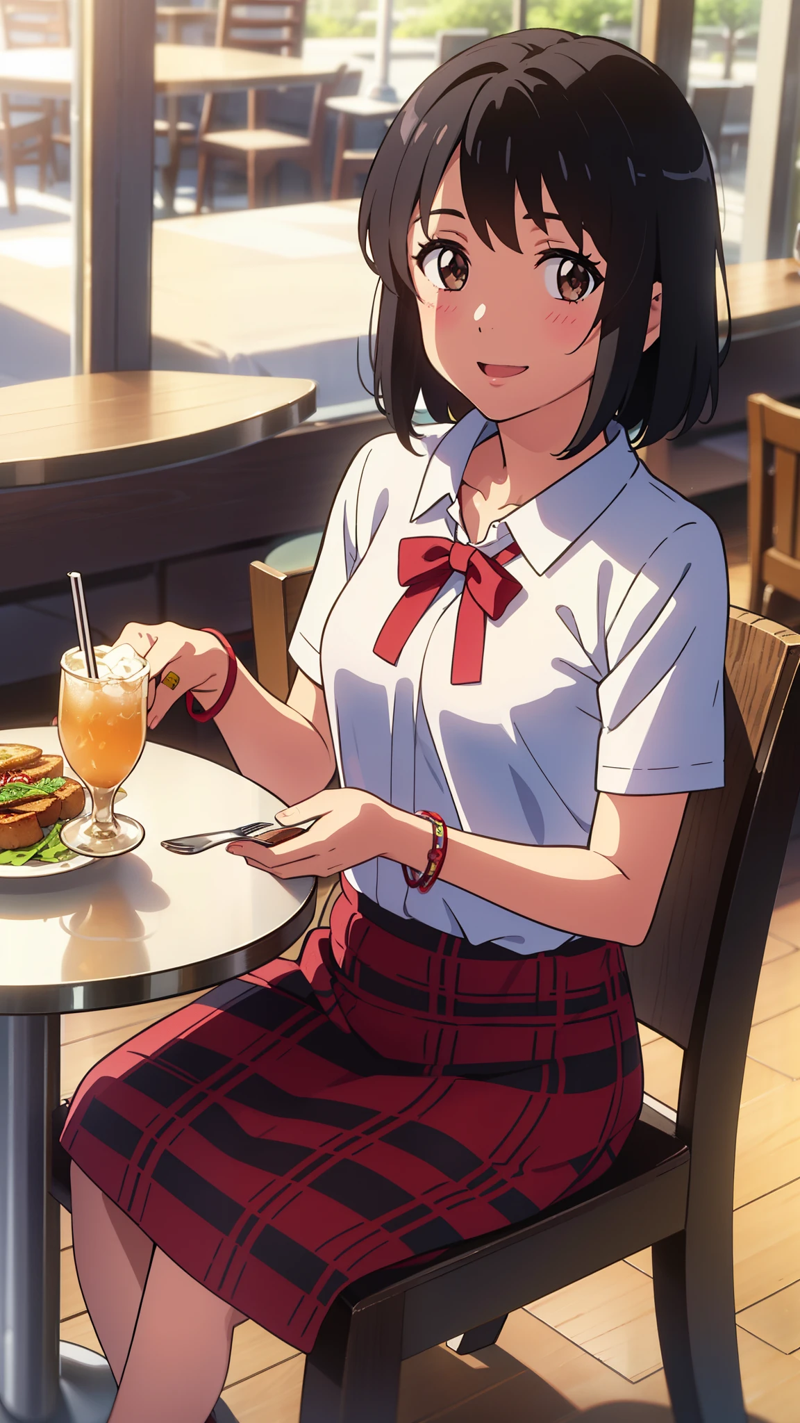 shinkai makoto, kimi no na wa., 1girl, bangs, black hair, blush, bright eyes, brown eyes, red headband, red ribbon, bracelet, short hair, cute, beautiful, shinny skin, looking at viewer, smile, cute, solo, casual shirt, t-shirt, skirt, plaid skirt, indoors, tavern setting, pov across table, eating, open mouth, two hands, excited, happy, cafe, resto, foods, drinks, sitting on the chair, table and chair
