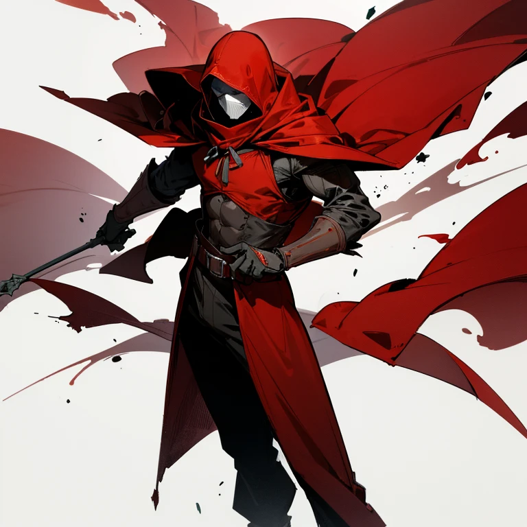 A man in a dirty red medieval suit, with a red hood that covers his entire head, and a dirty white mask, simple and without anything. Not a part of his body or face can be seen.  
