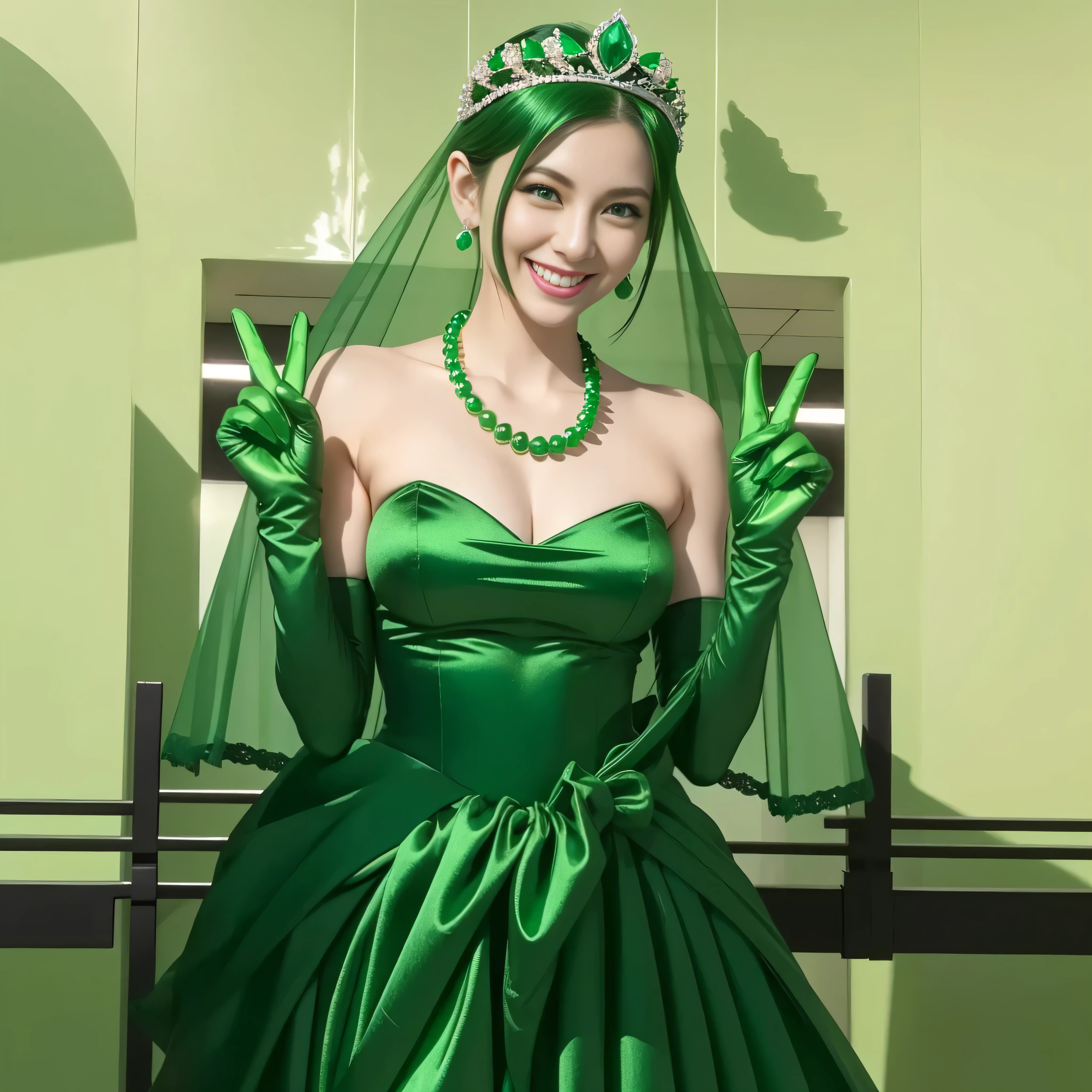 Emerald tiara, Green Pearl Necklace, Boyish very short green hair, lipstick, Smiling Japanese woman, Very short hair, Big tits beautiful, Green Eyes, Long green satin gloves, Green Eyes, v sign, Emerald Earrings, Green Veil
