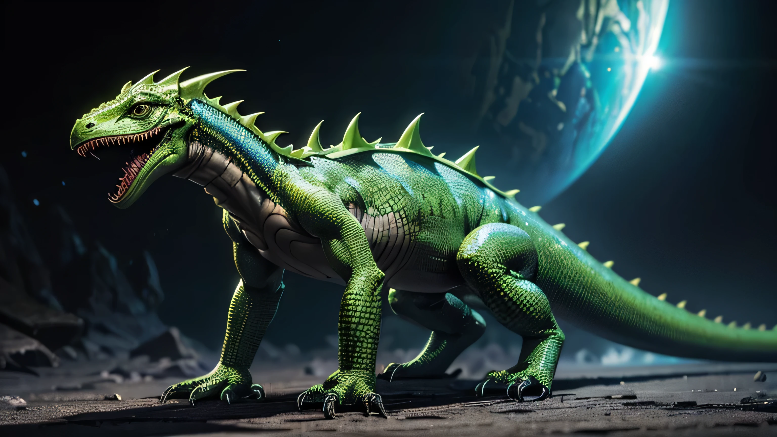 Cyberneopunk lizard-shaped alien monster, raios saem do seu corpo, its tail has a stinger that shoots lasers, ambiente futurista, High definition, detalhes precisos,