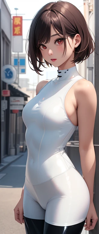 Professional artwork, Intricate details, Imagine, Clear focus, Detailed, Realistic lighting, Topics on pixiv,(masterpiece:1.0),(Highest_quality:1.0), 超high resolution, Very detailed, photo, 8k, high resolution, high resolution, absurd:1.2, Kodak Portrait 400, Film Grain, Clear focus, Bokeh:1.2, lens flare, (Energetic_color:1.2), Ultra-fine body, 极其Detailed头发, 极其Detailed脸部, Li Meifeng, (((White latex one-piece tights:1.4))), (full-body shot:1.1), Mature woman, A girl, Anime face, Standing, Solitary, cheongsam, compensate, Large Breasts, Lipstick, Red Eyes, short hair, Brown hair, Perfect body, (Sporty body:1.1), Perfect eyes, Anime eyes, Smoked eyeliner, Eyeshadow, Perfect face, Shy, ((Upper Body, Half-length photo))、ピンクcolorの乳首、