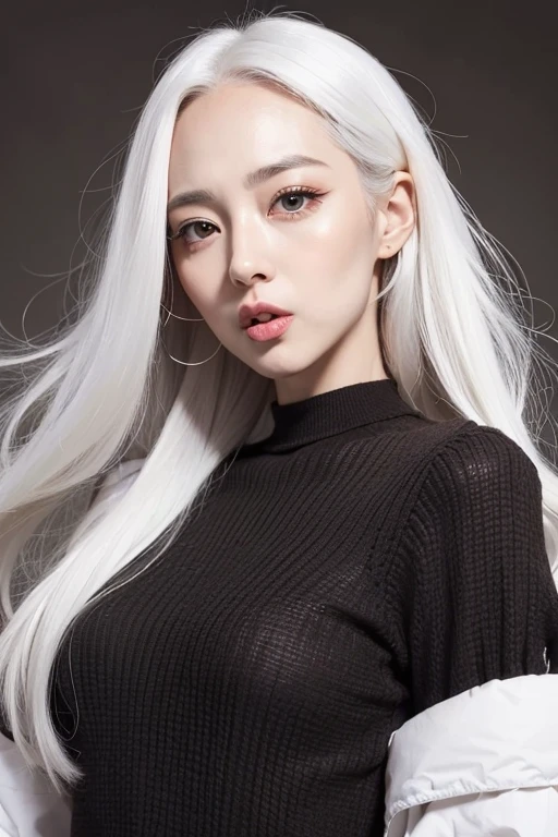 Beautiful girl with brown eyes and white hair, doing funny face