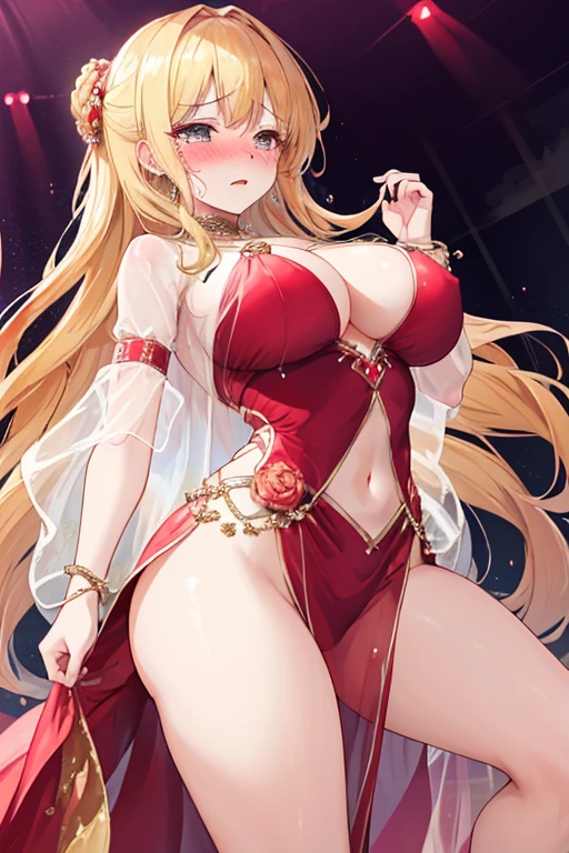 A woman with big ,(Gorgeous woman),Gorgeous red Rococo dance dress,Long blond hair,Exquisite,Protruding lower chest,(transparent),(See-through clothes),Showing belly,(Blush:1.2),Slender legs,Fear,Tears,Prom,Dancing show,