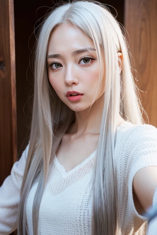 Beautiful girl with brown eyes and white hair, doing funny face