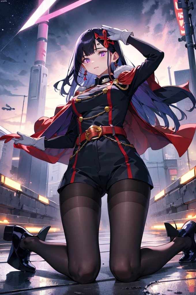 highest quality,masterpiece,from_Downに,looking for_in_audience,looking for_Down,masterpiece,Highly detailed CG Unity 8K,movie lighting,
yamashiro768, Purple eyes, 1 girl, pantyhose, 一人in, Black Hair, Purple eyes, gloves, Cape, Long Hair, white gloves, chest, black pantyhose, belt, red Cape, boots, Blue shoes, whole body, large chest, hair ornaments, looking for in audience, お誕生日おめinとう, bangs, Long sleeve, Purple High Heels, (Squat)，(Spread your legs)，(Place your hands behind your head)，
 