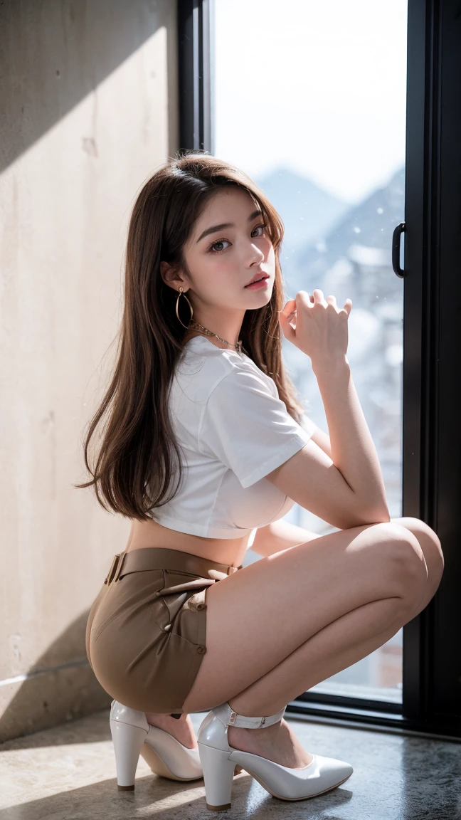 18 year old female, Masterpiece:1.4, long brown hair, (squatting:1.4), On heels, legs spread apart.), gigantic bust:1.5, buttocks sexy hips, necklace, cute earrings, White short-sleeved shirt with button-down collar., Tight skirt, lace bra:1.3, black stilettos, In the snowy mountain view, raw photos, in the dark, deep shadow, low voice, cool light,