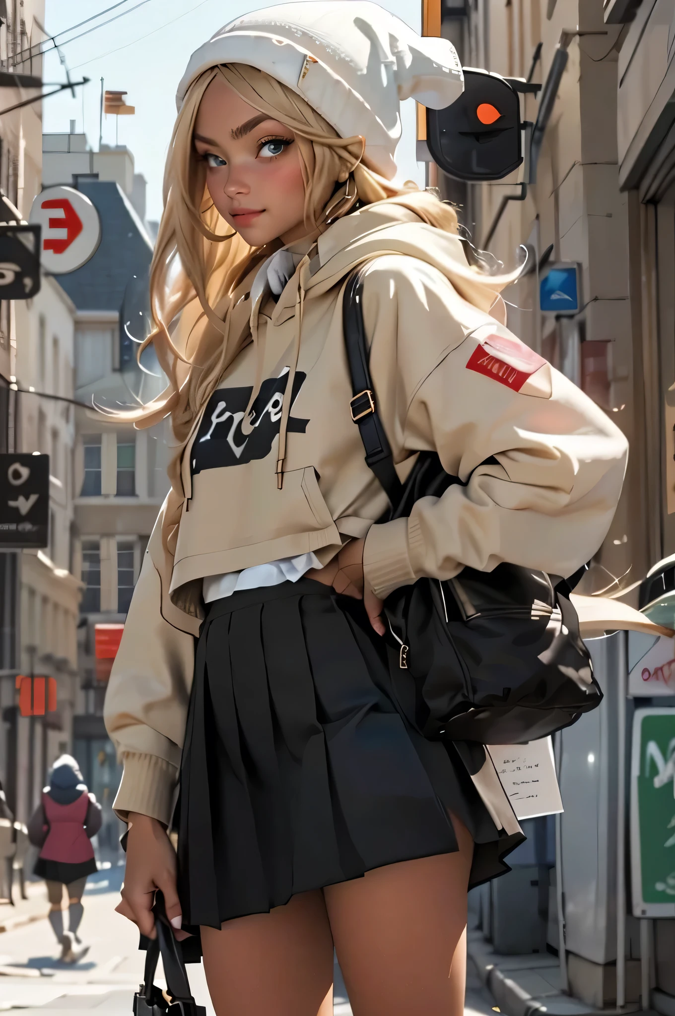(best quality, masterpiece), 1girl, hoodie, long hair, street, looking at viewer, beanie, skirt, makeup, piercing, pantyhose, blond hair