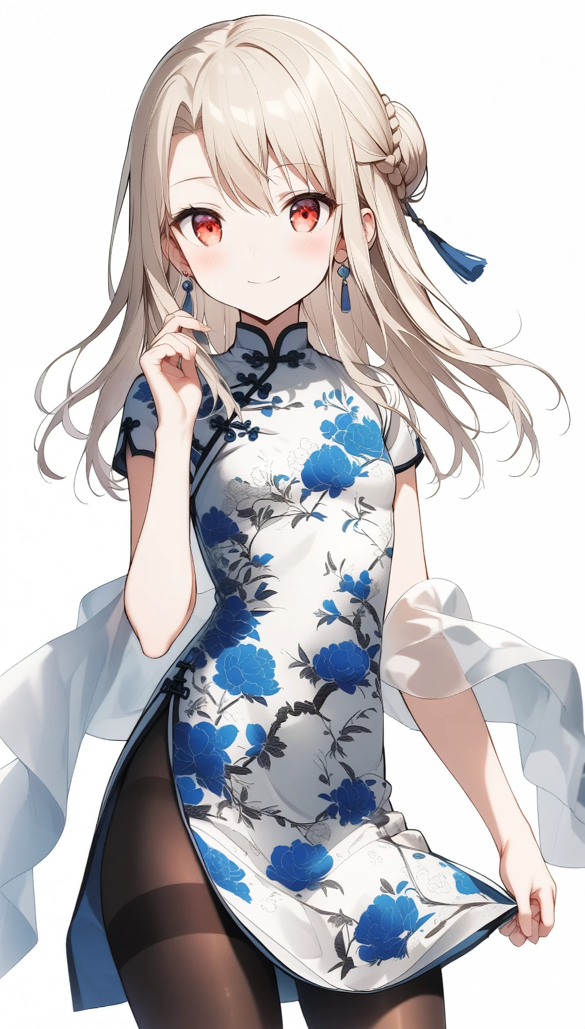 qipao,solo,1girl,(illyasviel von einzbern),red_eyes,cream hair,(french braid),smile,blue flower,breasts,china dress,chinese clothes,dress,shawl,earrings,floral print,hand up,long hair,looking at viewer,pantyhose,print dress,simple background,smile,solo,white background