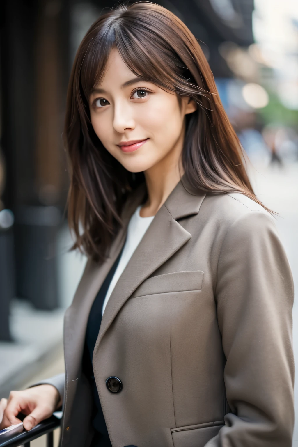 (Very detailed CG Unity 8K 壁紙,Tabletop, highest quality, Very detailed), Gray background, A 34-year-old woman living in Japan, Attractive adult woman, (length:1.2), intellectual facial expressions, Shining Eyes, Slim figure, Passionate attitude, Sophisticated clothing, Interesting gaze, intellectual, A strong sense of responsibility, Stylish appearance, A confident smile, Professional atmosphere, Dark brown hair color, Medium height, intellectualに感じられる服装をしましょう, A knowledgeable impression