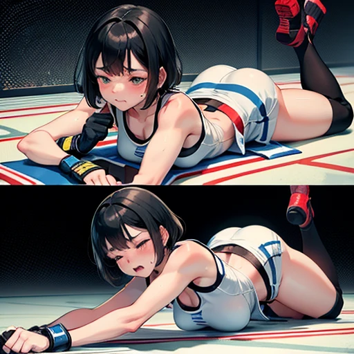 She is crying with her eyes closed. Lying on her face down. Down.  Cute Japanese high school girl with short-cut black hair. Mixed martial arts gym. She is sparring in the ring. Tank top, spats, open finger gloves. Very sweaty, slender body, poor body, Small breasts. poor belly