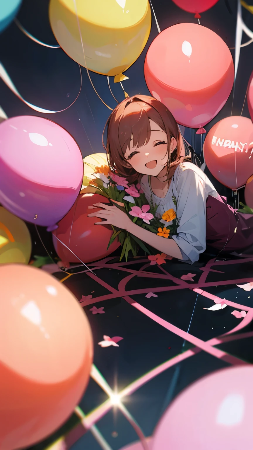 Write happy mom day surrounded by flowers and balloons