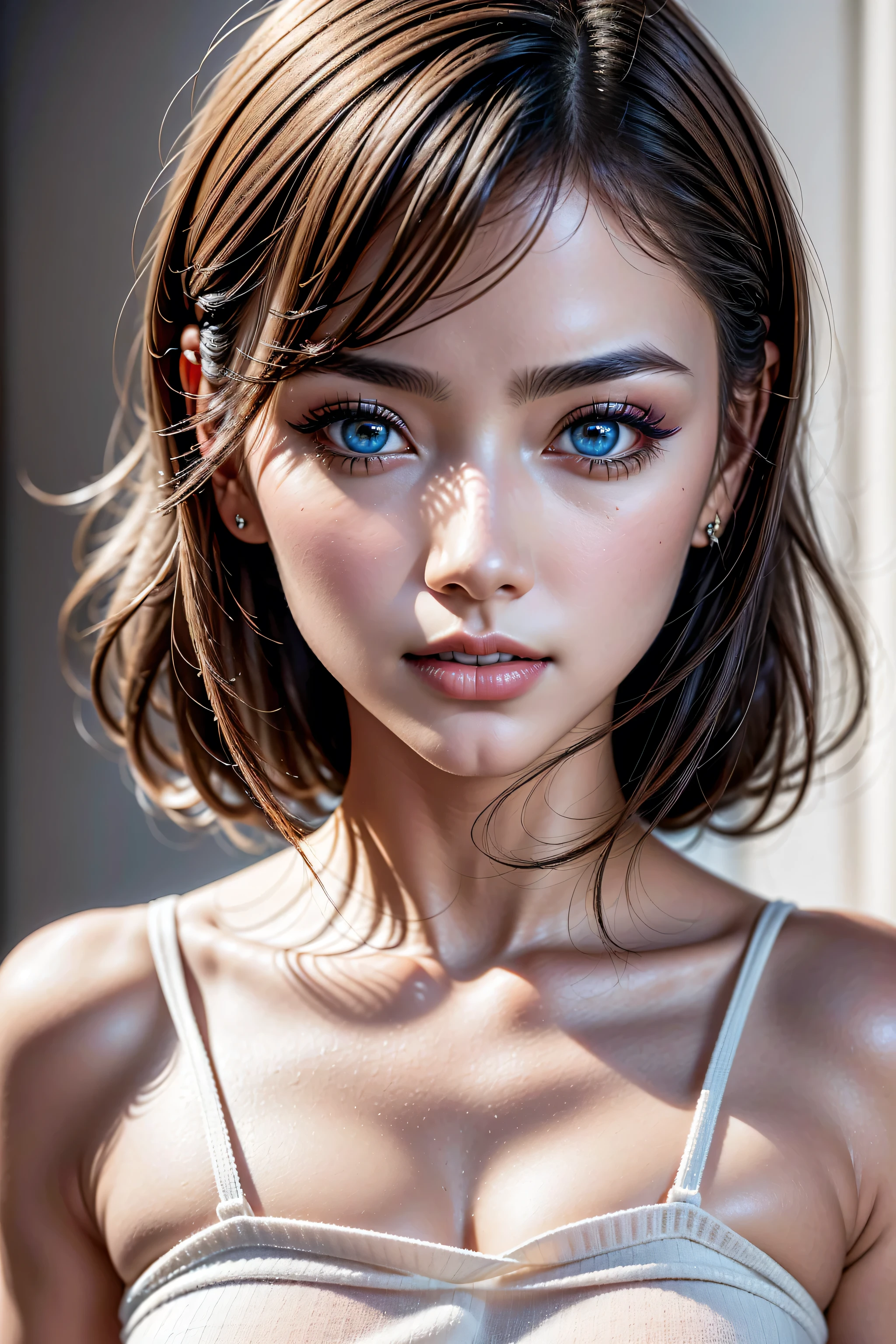 (1girl:1.35, 20-year-old), Realism, (high resolution), ((chiaroscuro, ray tracing lighting)), ((highest quality realistic texture skin)),((highest quality realistic texture hair)), ((the most absurd quality perfect body shape)), ((small head:1.3)), slim-muscled body, ((perfect proportions)), ((anatomically correct)), ((perfect dynamic body posture, super k-pop idol)), ((super detail beautiful slim and round face:1.3)), light pale complexion, ((Insanely detail clear and sharp perfect round realistic aqua_eyes:1.2)), finely detailed pupils, best detailed lips, ((perfect profesional delicate everyday makeup)), ((wearing loose and fluffy white knit dress:1.3)), (close up of her face), (in the background a construction masterpiece, a Victorian bathroom with a modern nautical accent:1.25), ((radiant smiling, happy atmosphere)), ((perfect delicate everyday makeup)),