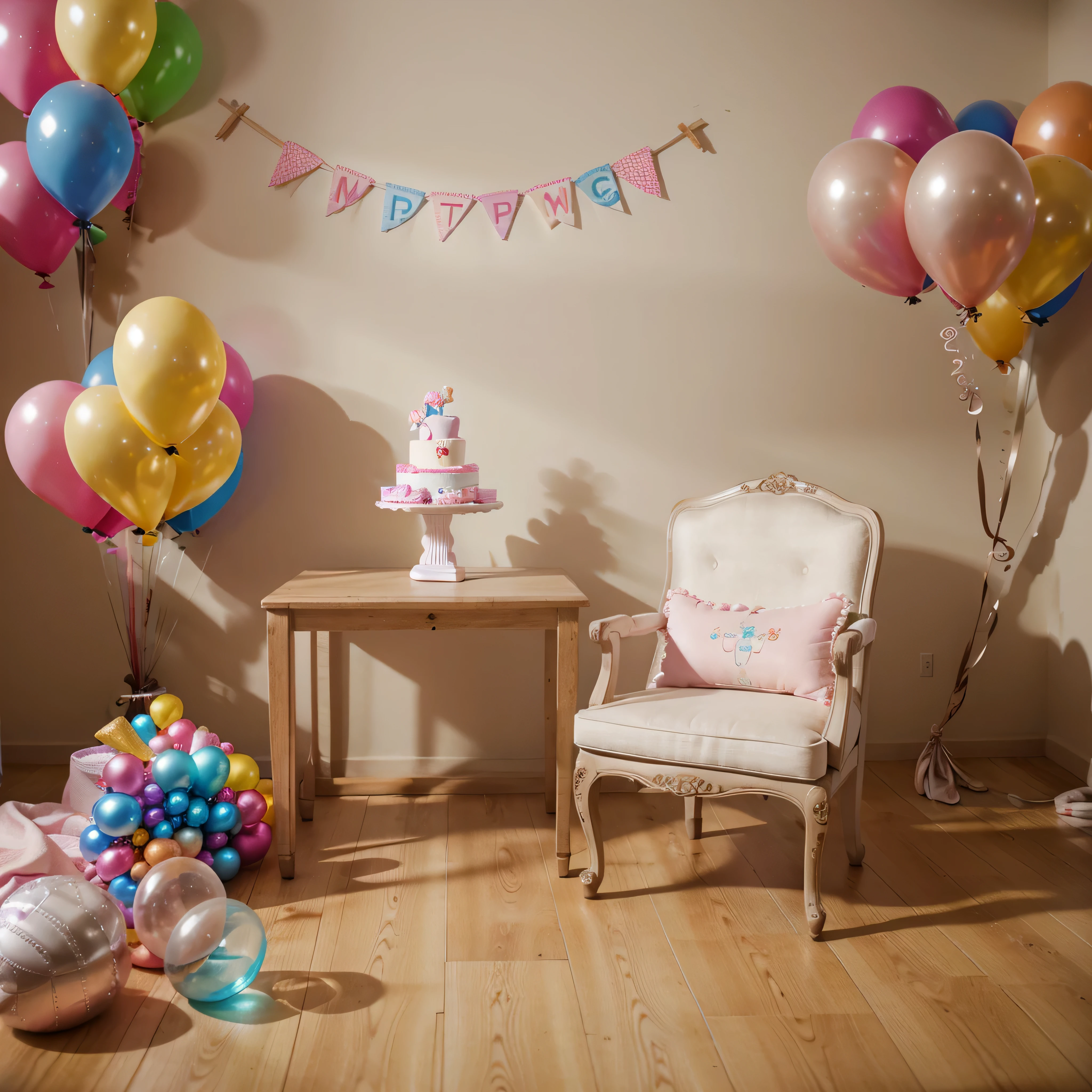 baby style brightly photography studio with a empty baby chair and cake with balloons and toys in 4k resolution