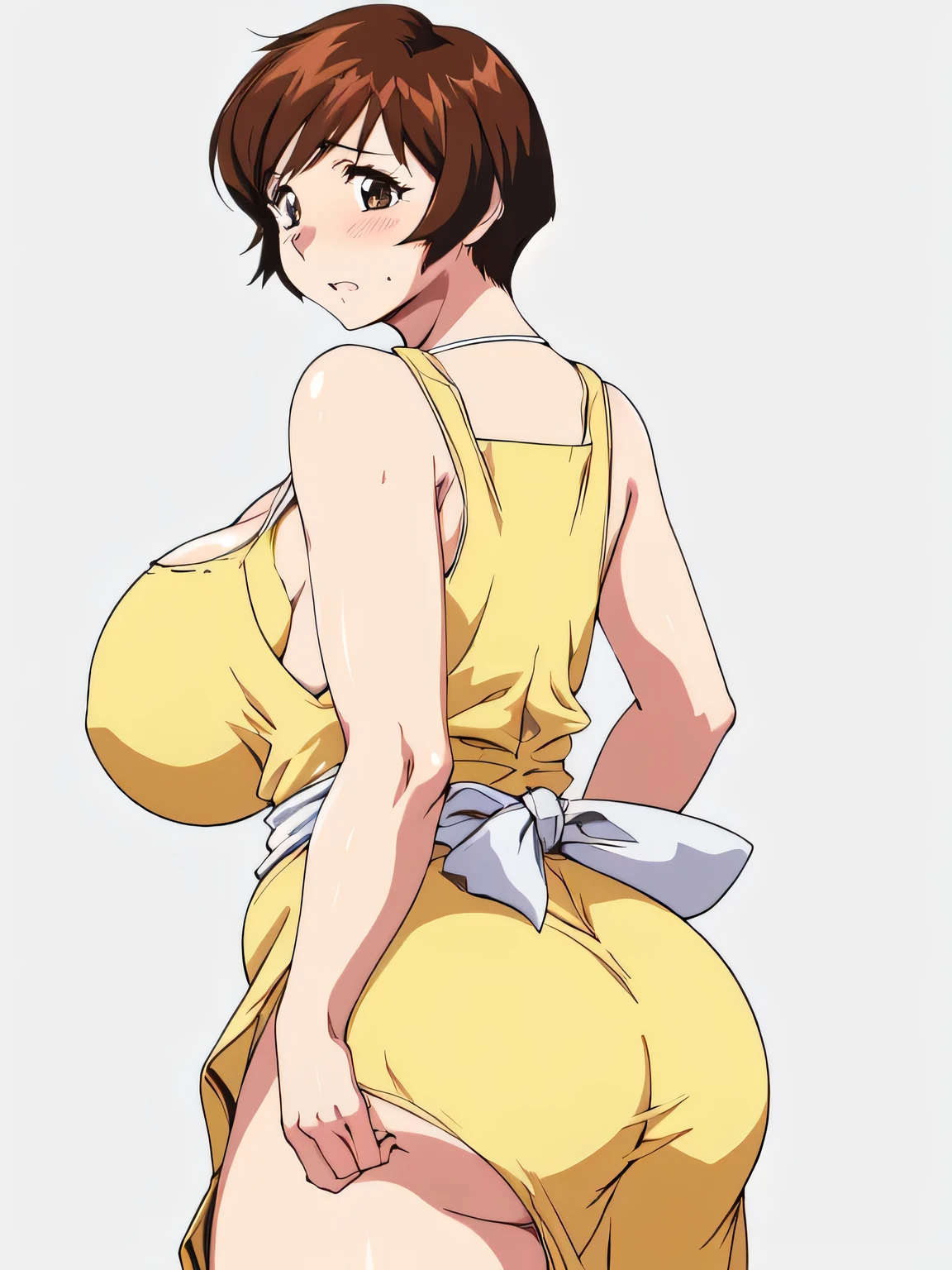 masterpiece, highest quality, High resolution, One girl, alone, sexual intercourse, Pornographic images, short hair, etsukoto, detailed eyes, Fine grain, (((Thick thighs, Plump thighs, Voluptuous thighs, Enough thighs))), Big and ample breasts, Cleavage, Huge long breasts, Naughty big,((Big breasts are important))、((Naughty thighs)), L Cup, (thin:1.4),(Narrow waist:1.4),  (Perfect beautiful yellow dress:1.4), ((white waist apron)), Embarrassed look, look back, (((Simple Background))), ((White panties)), ((Wide Hips)), Shiny oily skin, Mature mother, Calf, Seductive mature woman, Perfect body, (((fleshy))), Plus Size Model, etsukoto, blush, clavicle, retro artstyle, 1990s (style), Show off your thighs, [[front view]],