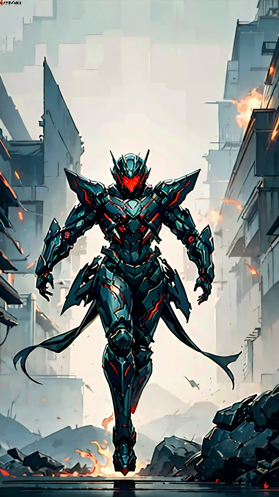 A man wearing a full-face helmet, a fantasy-style biotech armored combat suit, green eyes, (a composite layered chest armor), fully enclosed shoulder guards, matching arm and leg guards, the belt is adorned with Beetle-shaped gem, (the color scheme is primarily black with red accents), the design balances heavy with agility, a high-tech bio-mecha armor, (Dynastinae concept Armor, stand on the top of a skyscraper in a futuristic sci-fi city), this character embodies a finely crafted fantasy-surreal style armored hero in anime style, exquisite and mature manga art style, (element, plasma, energy, the armor glows), ((male:1.5)), metallic, real texture material, dramatic, high definition, best quality, highres, ultra-detailed, ultra-fine painting, extremely delicate, professional, perfect body proportions, golden ratio, anatomically correct, symmetrical face, extremely detailed eyes and face, high quality eyes, creativity, RAW photo, UHD, 32k, Natural light, cinematic lighting, masterpiece-anatomy-perfect, masterpiece:1.5