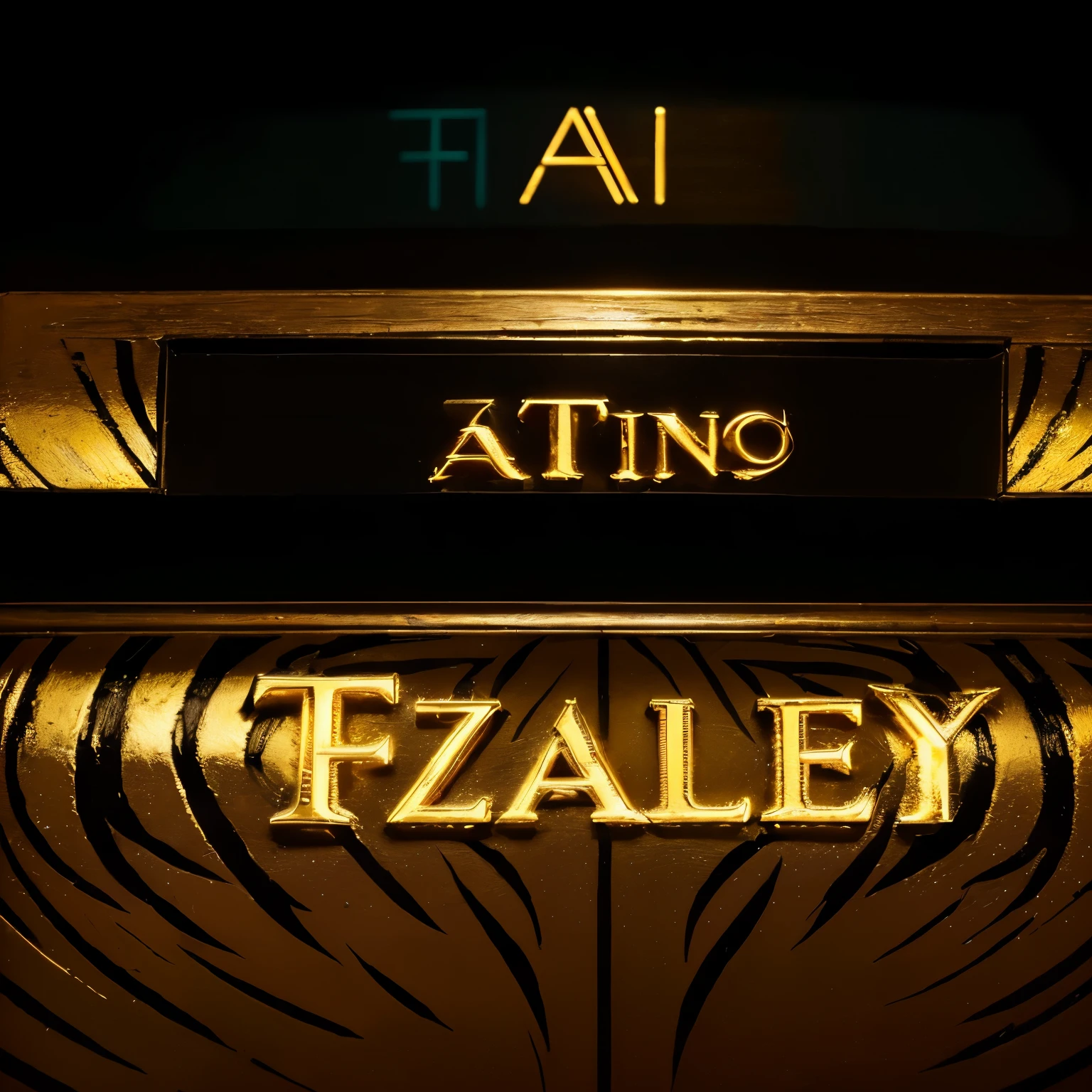 hay un cartel que dice ATANAZIO y un ART , incrustaciones de oro, Ebony Art Deco, foto detallada con zoom, dazzling energy, con incrustaciones de oro, Detalles dorados intrincados, Detalles exquisitamente intrincados, incrustaciones doradas, oro y materiales de lujo, madera dorada tallada en relieve, cartas detalladas, highly detailed zen neon, Bright road signs