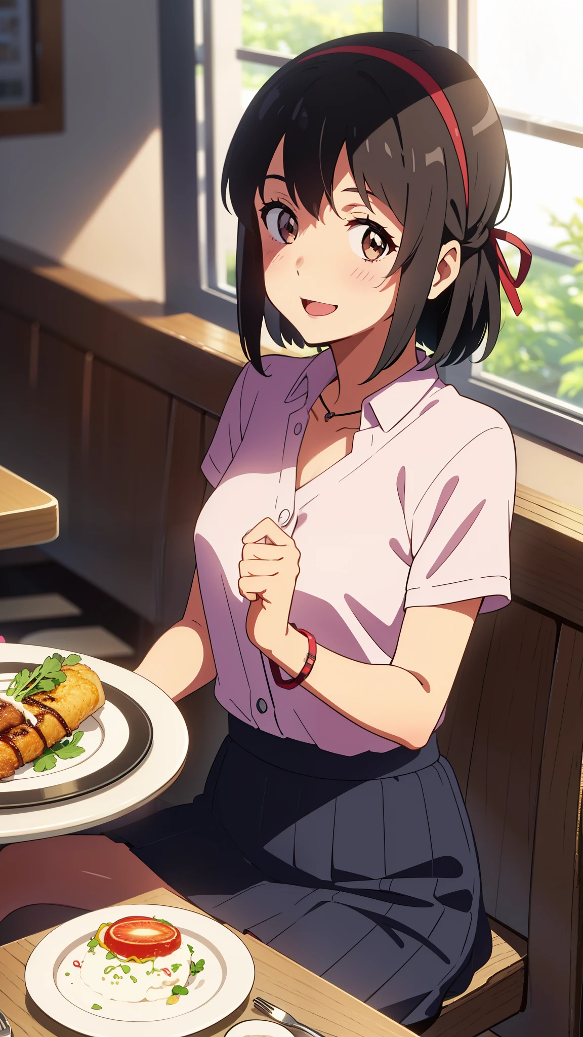 shinkai makoto, kimi no na wa., 1girl, bangs, black hair, blush, bright eyes, brown eyes, red headband, red ribbon, bracelet, short hair, cute, beautiful, shinny skin, looking at viewer, smile, cute, solo, casual shirt, t-shirt, skirt, plaid skirt, indoors, tavern setting, pov across table, eating, open mouth, two hands, excited, happy, cafe, resto, foods, drinks, sitting on the chair, table and chair