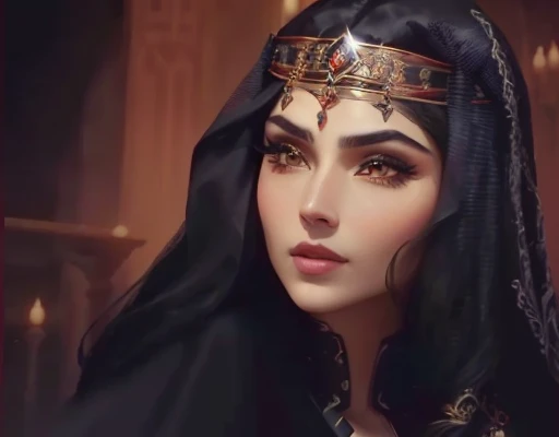 woman in a black headdress and black veil, Ancient Princess Libu, Cinematic goddess close up, Maya Ali, like D&warlock, cinematic goddess of the shot, Maya Ali в рекламе&warlock, like a medieval fantasy character, Maya Ali, like D&magician, Greek Amira Al Tawil, Persian queen