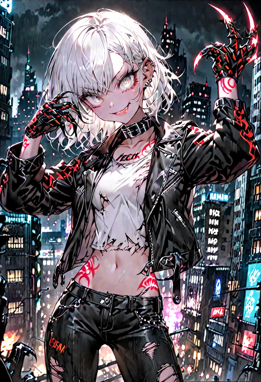 best quality, masterpiece, detailed background, outdoors, night sky, black and red,
, SMALL BRAID,
syokoimas, hoshi syoko, ahoge, grey hair, GREY EYES,((long hair)), messy hair, huge ahoge, flat chest, (dot pupils),
, SMALL BRAID,
leather jacket, axe, chain, (sharp teeth), ashes, (((crazy))), ((crazy smile)), ((crazy eyes)), ruins,Arrogant,death, mocking, provoking, corpse,(angry:0.8), ((street)), crowd
(((heavy_metal))),sitting, symmetrical pose, punk, night, (fishnets pantyhose) , dark_night,((from below)), (((skull))),bones, ,boots, (spread legs), sitting, mechanical chair, electricity, electronic, mechanical halo, single mechanical arm, mechanical parts, cyborg,
((hands_on_armrest)), (cyberpunk:1.5), neon lights, science fiction , emotionless eyes,