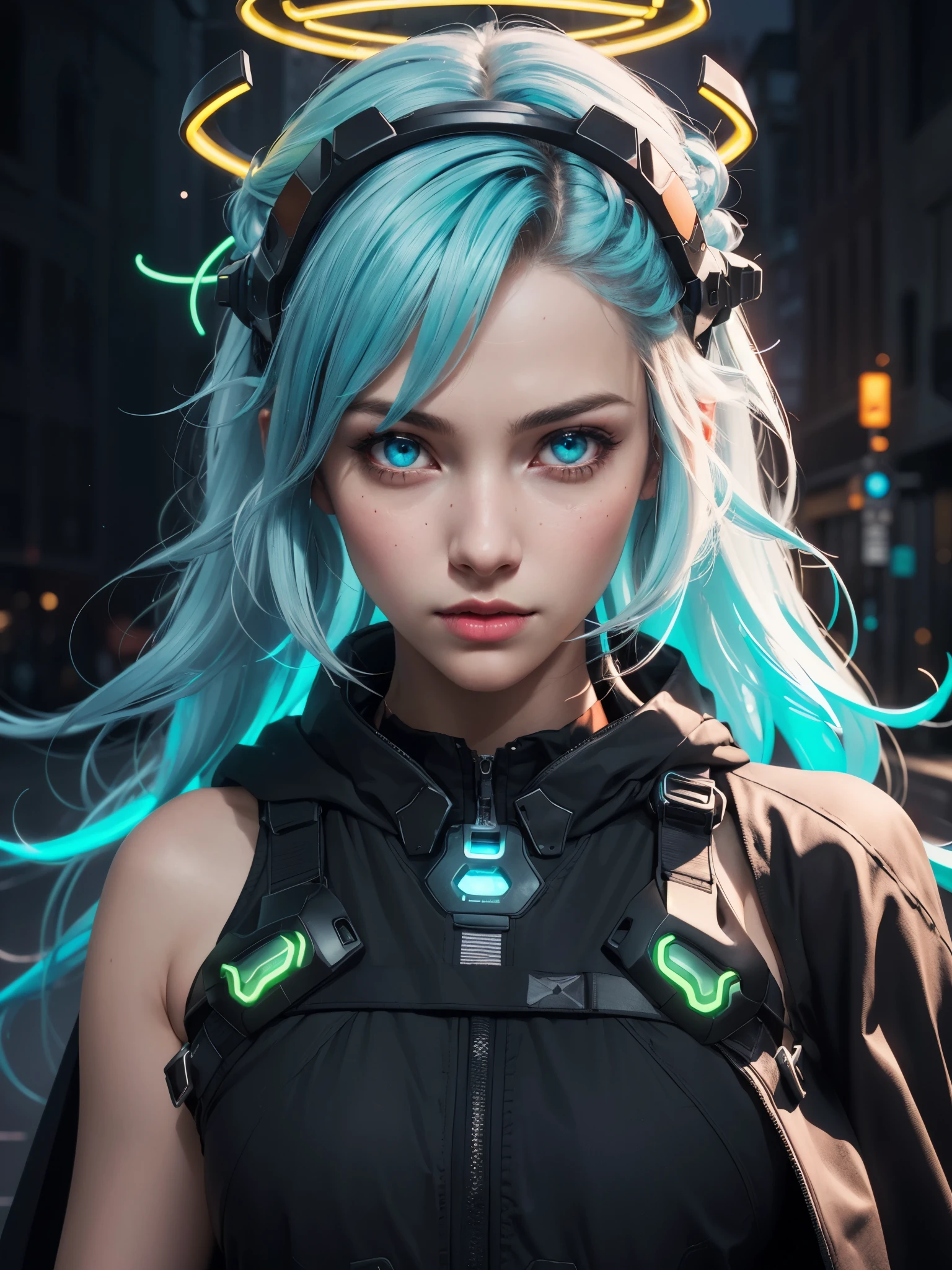 1girl, detailed face, (halo neon headpiece, neon hair, neon light eyes:1.2), techwear, cool, fantasy medieval knight, cloak, long red hair, looking at viewer, streets of medieval europe, (best quality), (realistic:1.3), masterpiece, aesthetic, 16K, high contrast, (vivid color:1.3), cinematic ambient lighting, dynamic poses,