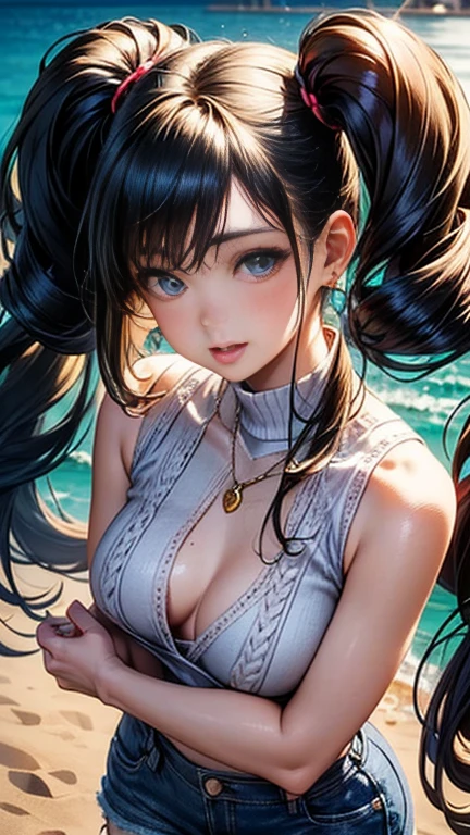 (((highest quality)), ((masterpiece)), (Very detailed), (Very high resolution), (Beautiful detailed sparkle))), ((Realistic)),
8k,
(((One Woman))),
((Symmetrical facial features), Perfect Face), Beautiful clavicle, (Beautiful fingers), (((Beautiful breasts, Slightly smaller chest))),
Beautiful body, Beautiful thighs, Beautiful feet, Perfect round butt, (((Detailed skin, Textured skin, Beautiful shiny white skin))),
BREAK
(, cute, 18--old),
Double eyelids, Thin eyebrows, Long eyelashes,
(Expression of fine eyes, Beautiful and delicate eyes, Sparkling eyes, blue eyes),
(Beautiful Nose,Thin Nose),
(Glossy Lips, Beautiful Lips, thick lips),
(Beautiful Hair, Shiny Hair, Shiny Hair), Hair fluttering, (Blue Hair, ((Twin tails))),
BREAK
(Black sleeveless high neck knit sweater)、Denim skinny pants, sneakers, Earrings、Silver Necklace、 BREAK
(Enchanting、Embarrassed expression、Laughing expression), (Third Person View、Character portrait)、((sunlight、coastal))