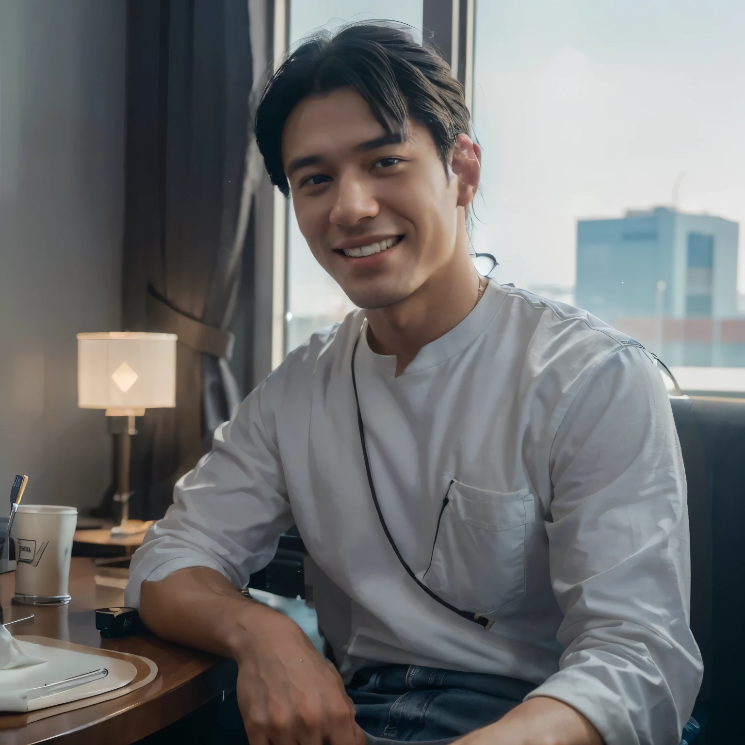 ((The man has shiny black hair))((Man wearing white casual clothes.))(8k, original photo, best quality, masterpiece:1.2), (Practical, photo-Practical:1.37),Long Shot,1 person,Smile,ulzzang-6500-v1.1, In a busy airport lounge, Professional lighting, Photon Mapping, Radiosity, Physically Based Rendering,Cowboy shooting