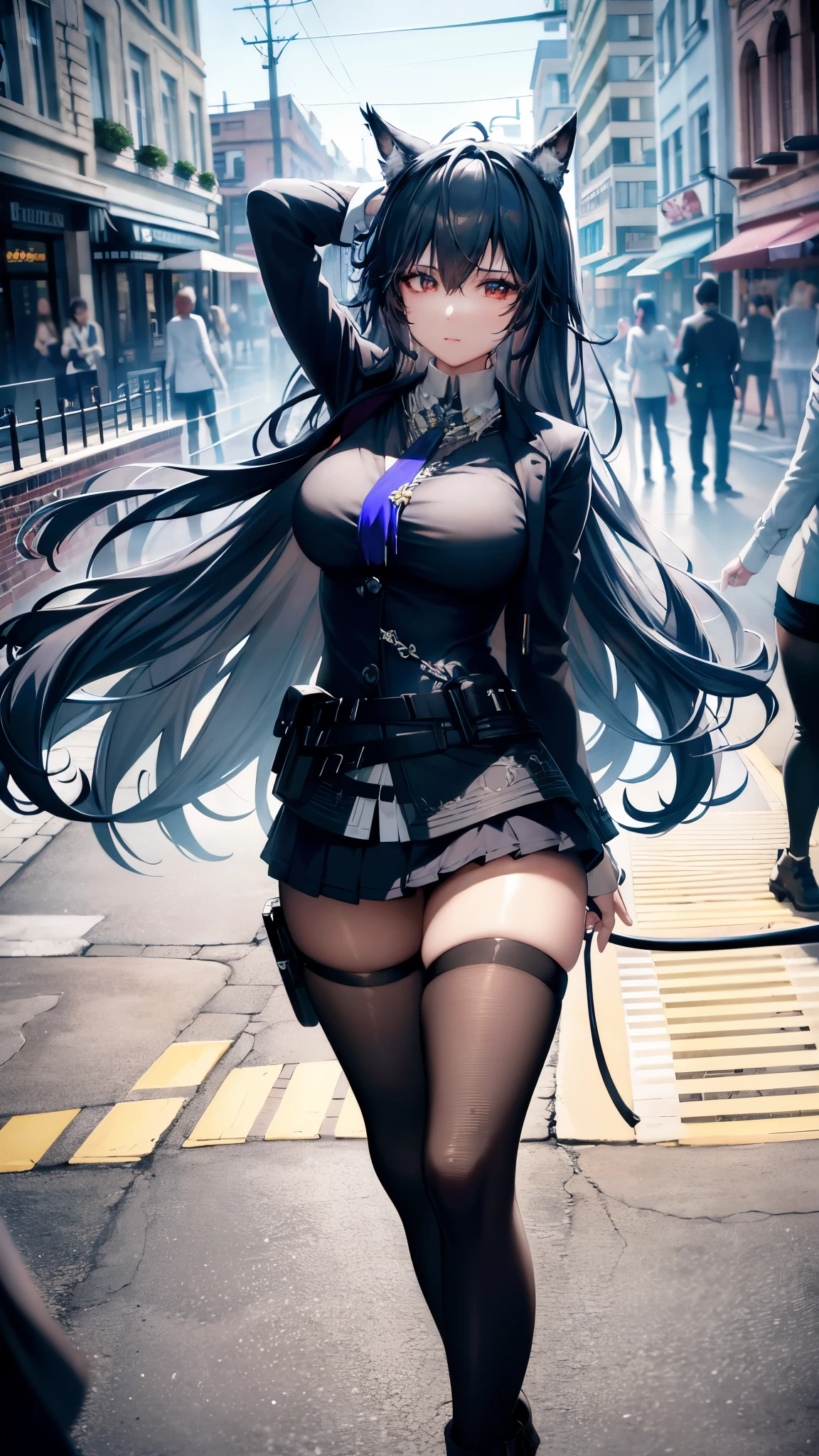 (8k, RAW photo, best quality, masterpiece:1.4), ultra high res, (realistic, photo-realistic:1.48),omertosa,1girl,(Kpop idol), (aegyo sal:1),cute, (super bokeh night city center:1.25), bokeh, night, traffic lights, road sign, rain, after rain, wet, professional lighting, detailed lighting, photon mapping, radiosity, physically-based rendering,Black pantyhosebloom, backlighting, depth of field, natural lighting, hard focus, film grain, one meter shooting distance, professional photoshoot, photographed with a Sony a9 II Mirrorless Camera, detailed eyes, realistic eyes, detailed shadow, looking at viewer, dog ears, detailed lighting, skirt, black skirt, thighhighs, black thighhighs, (detailed hair, realistic hair, realistic lighting, realistic shadow, realistic outfit), realistic skin, (gun on waist:1), realistic reflection of light from above, ((arms behind back)),(hands behind),tube top,sexy