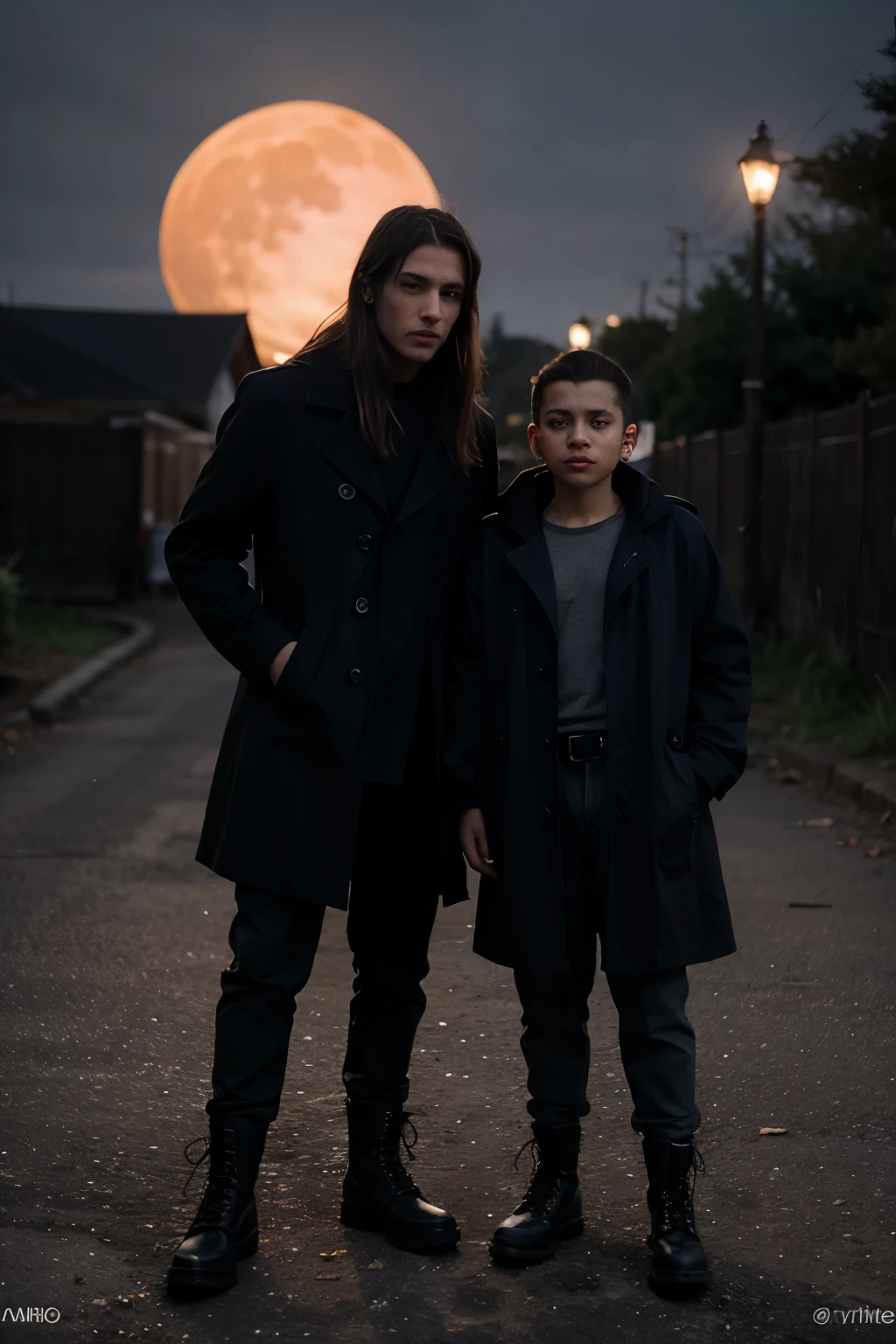 cria uma imagem ultra realista de jovem adulto e brasileiro, da cor de pele parda com olhos totalmentes negros, enorme e sombrios, wearing a black gothic overcoat, cabelos ondulados enormes de cor castanha com pontas avermelhadas, wearing high-top combat boots on their feet, style of those used by militiamen, no sobretudo um pentagrama heptagrama na cor vermelha. No fundo uma paisagem de floresta negra sombria, com elementos de terror, In the dark and gloomy sky a full red moon illuminating the young boy, com cara sombria e maldosa