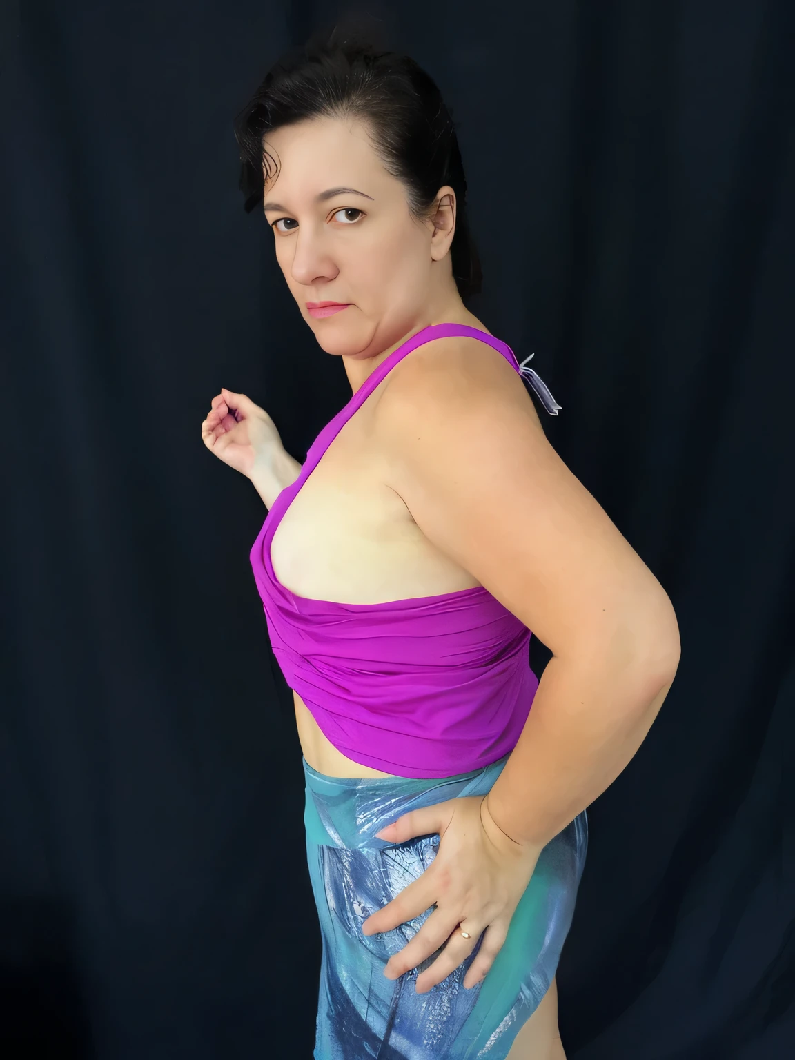 there is a woman in a purple top and blue shorts posing for a picture, close up half body shot, photo from the back, half body shot, view from the back, hand on hips, middle shot waist up, arms to side, armfold pose!, half - body shot, half-body shot, middle body shot, from the side